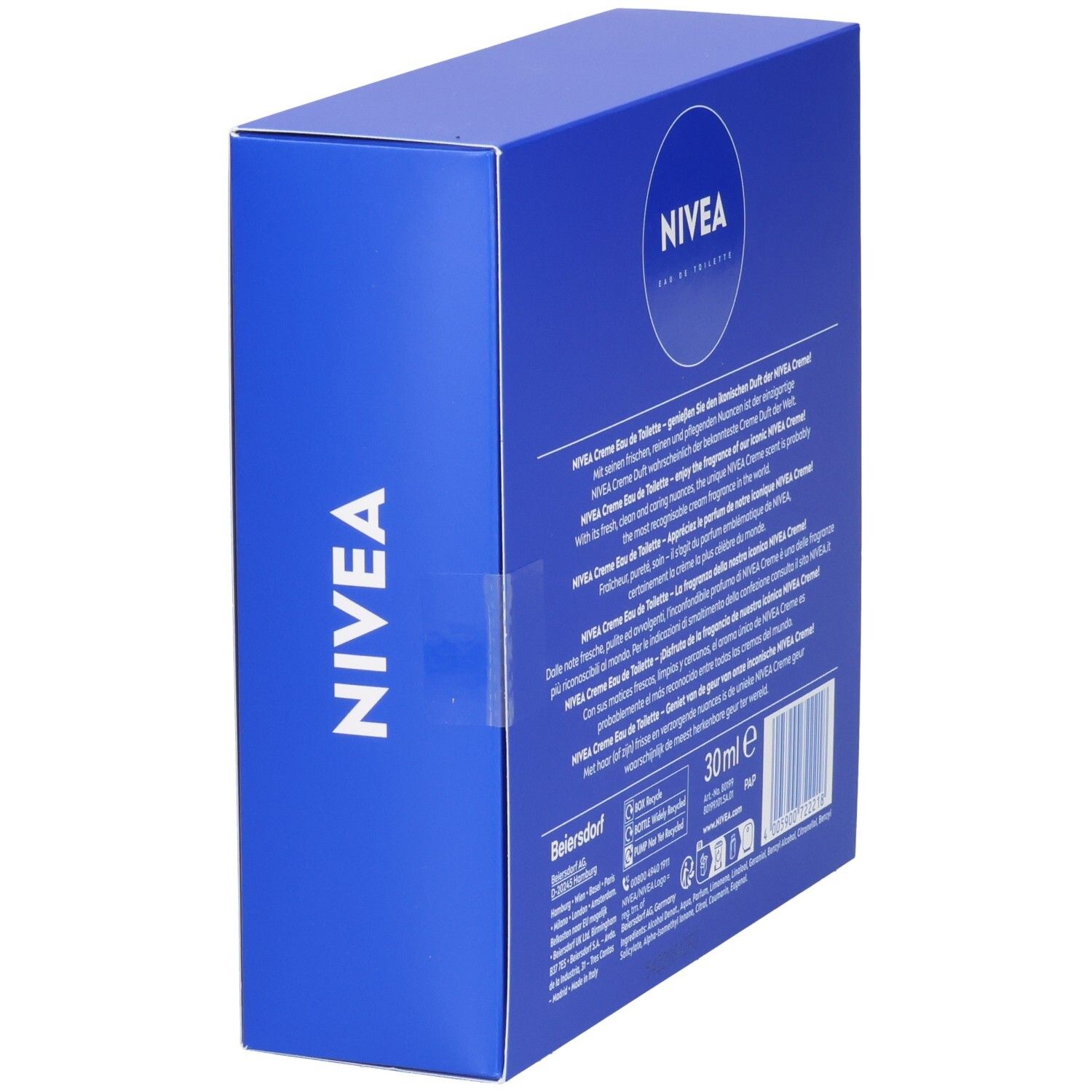 Blaue NIVEA Eau de Toilette Verpackung. Seitenansicht mit Text. 30 ml.