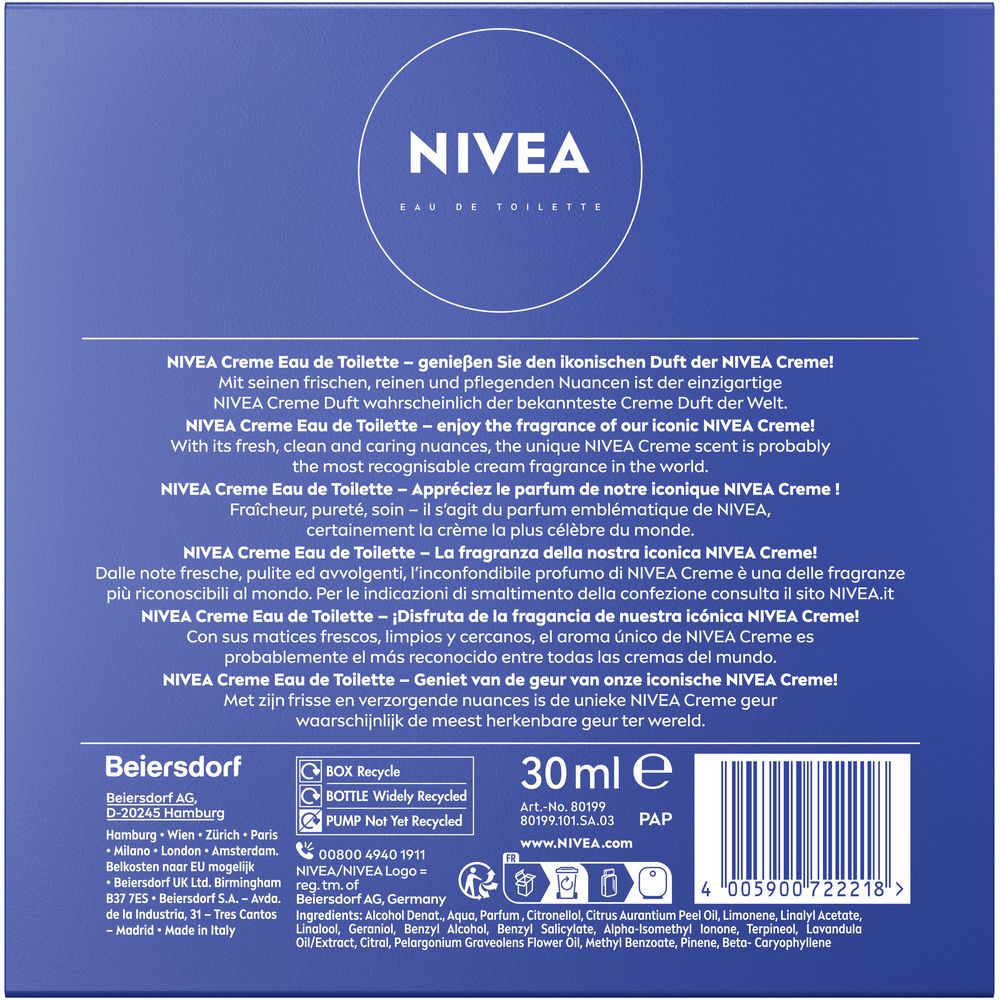 Rückseite der NIVEA Eau de Toilette 30 ml Geschenkbox mit Produktinformationen und Barcode.