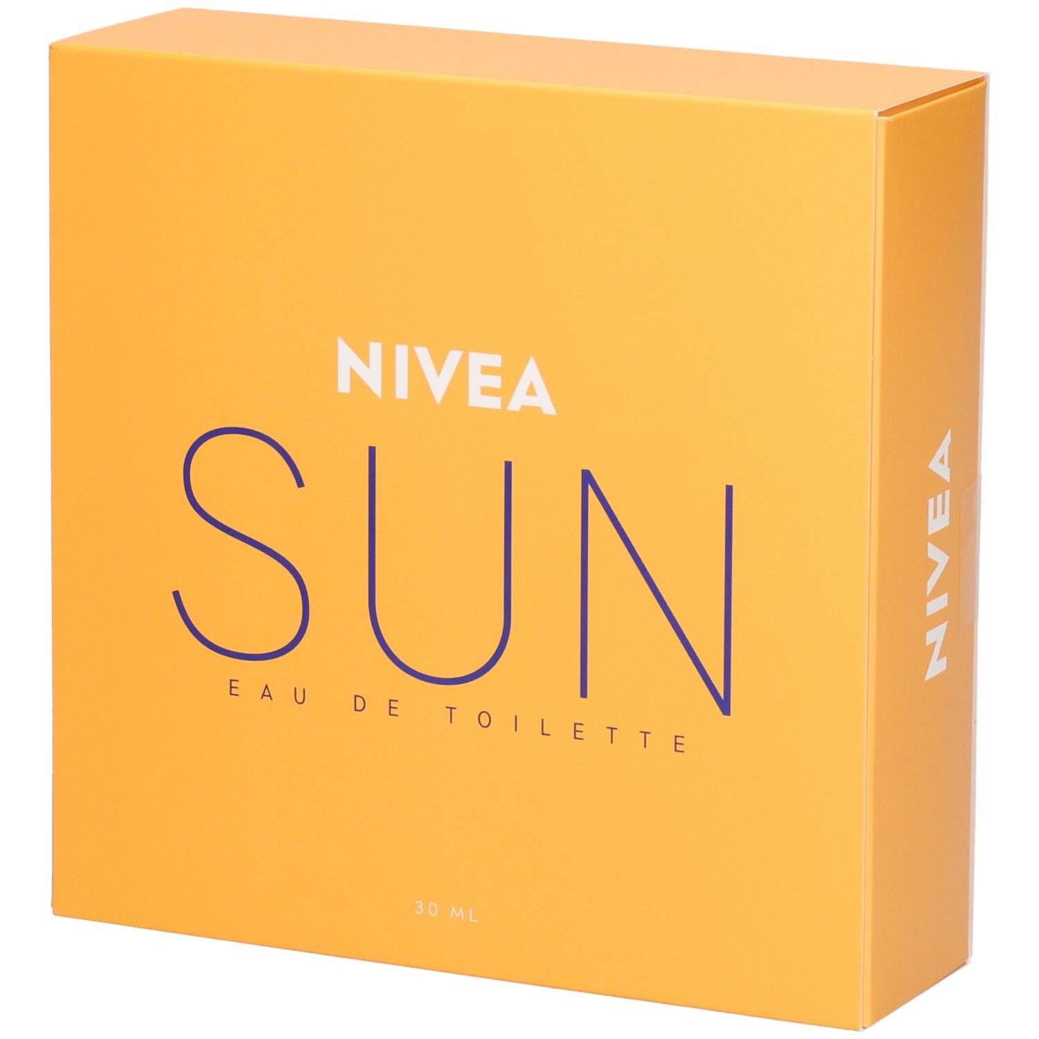 Orangefarbene Verpackung mit blauem Schriftzug NIVEA SUN Eau de Toilette. 30 ml. NIVEA-Logo seitlich.
