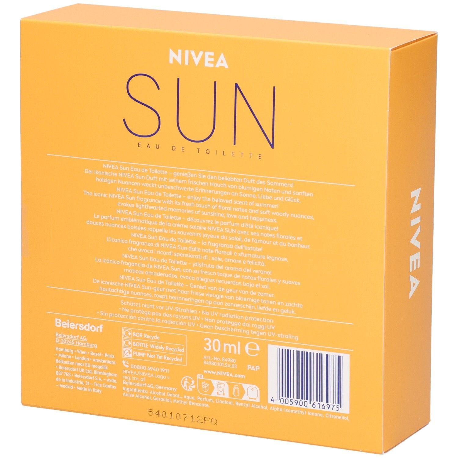 Rückseite der orangefarbenen Verpackung mit Text und NIVEA SUN Eau de Toilette. 30 ml. Barcode.