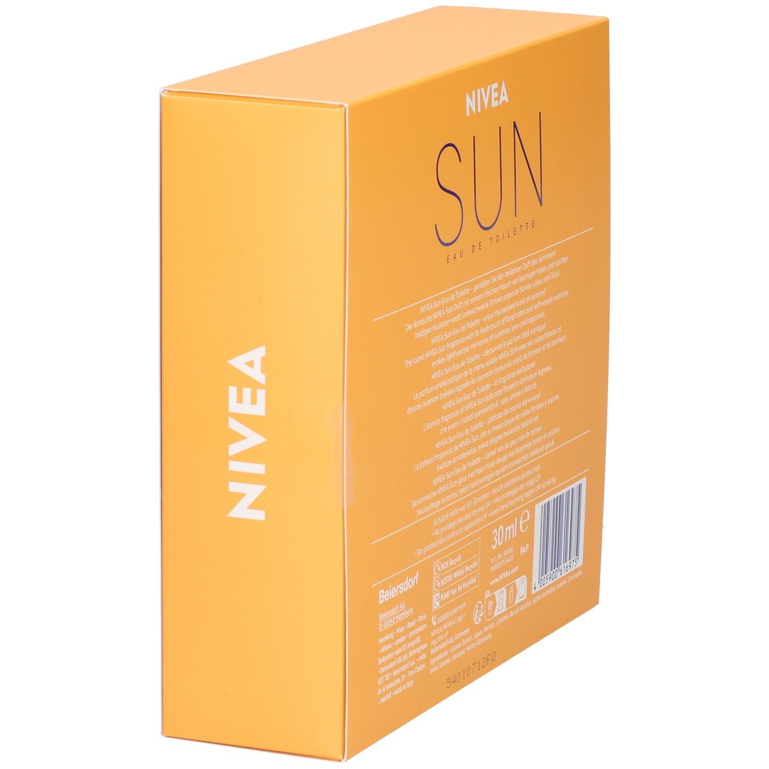 Rückseite der orangefarbenen Verpackung mit Text und NIVEA SUN Eau de Toilette. 30 ml. Barcode.