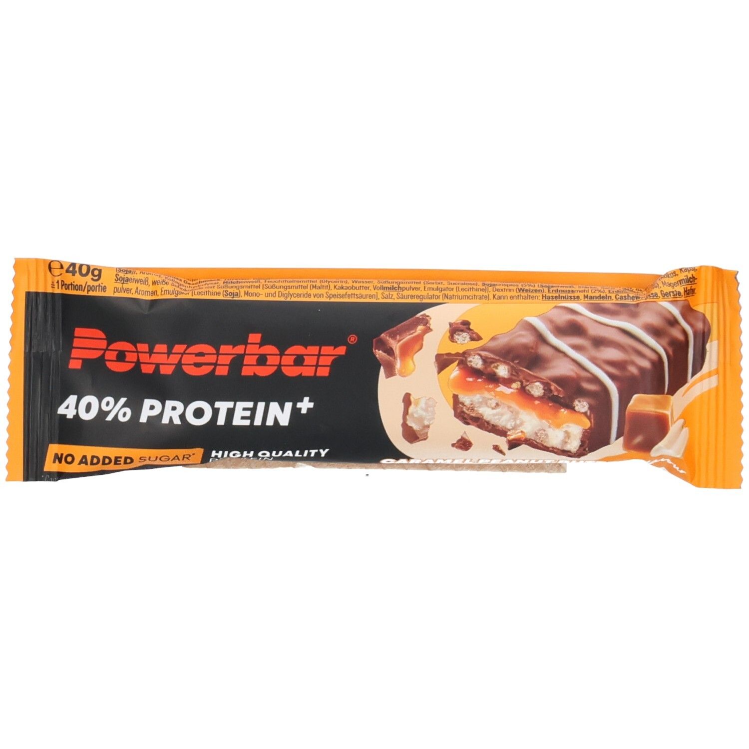 Proteinriegel in Verpackung. Schwarze und orangefarbene Verpackung mit Produktnamen und Aufschrift "40% PROTEIN+".