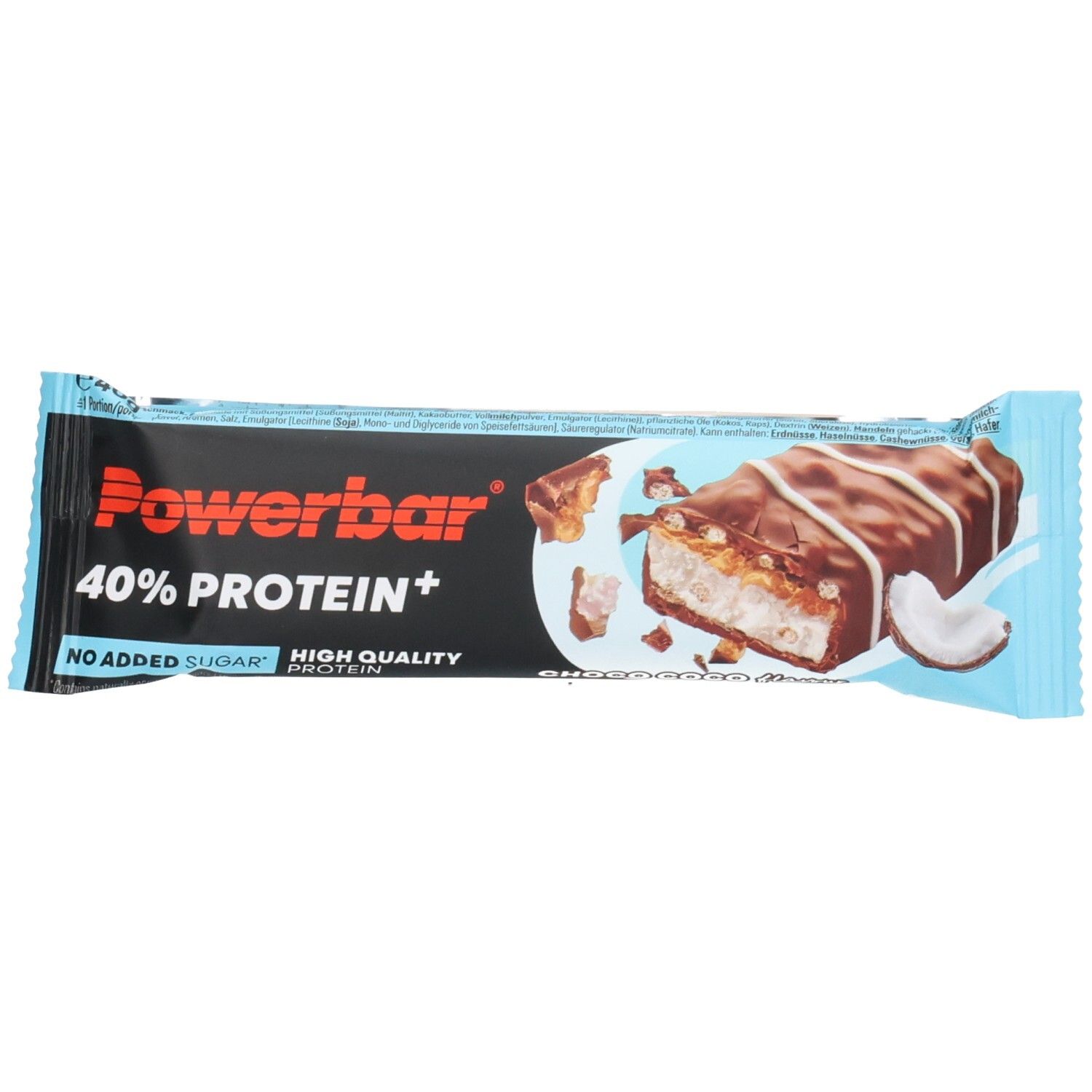 Powerbar 40% Protein+ Crisp Choco Coco. Riegel in blauer Verpackung. Teilweise geöffnet, Kokosstückchen sichtbar. Produktname und Logo.