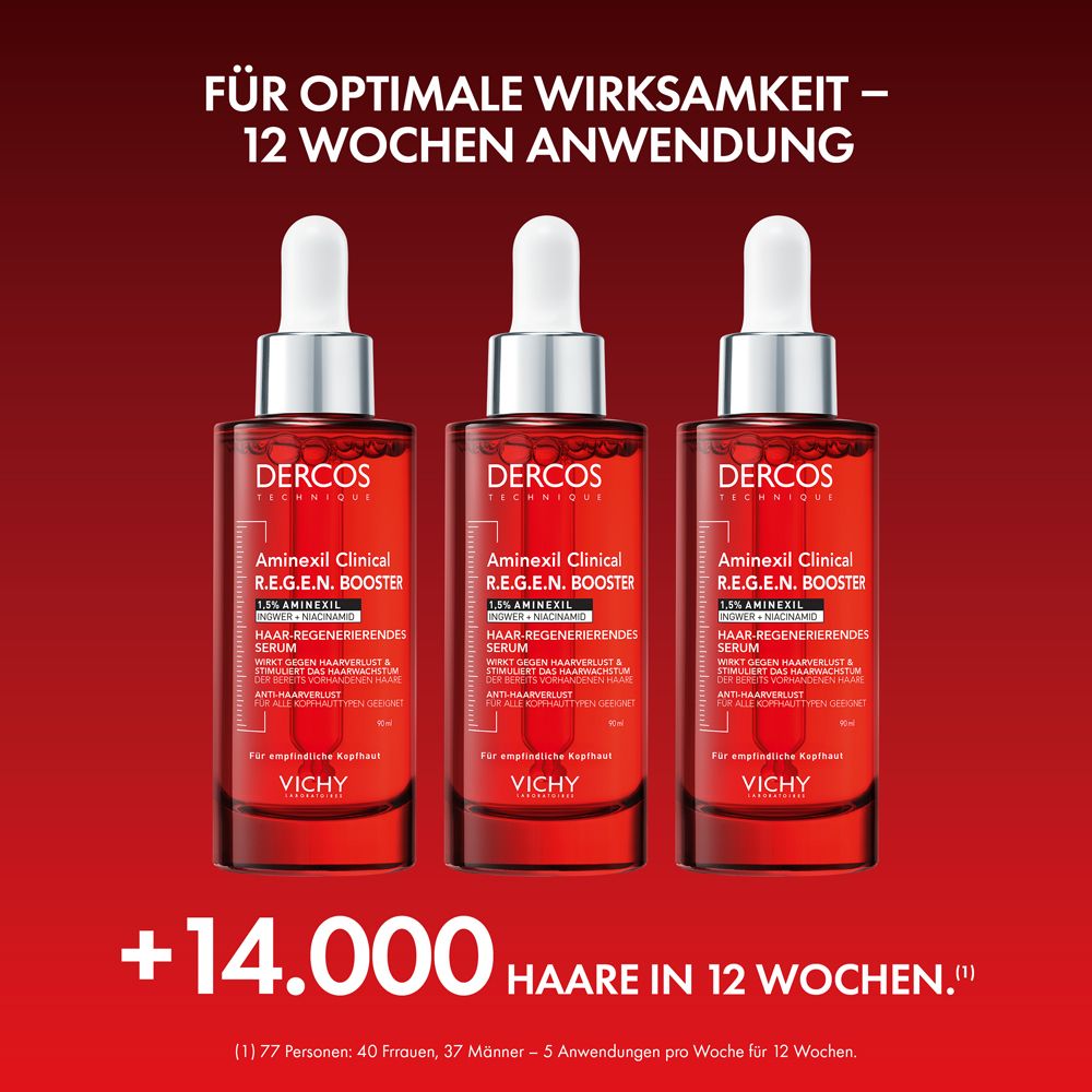 Drei Vichy Dercos Aminexil Clinical R.E.G.E.N. Booster Seren. Text: Für optimale Wirksamkeit – 12 Wochen Anwendung.