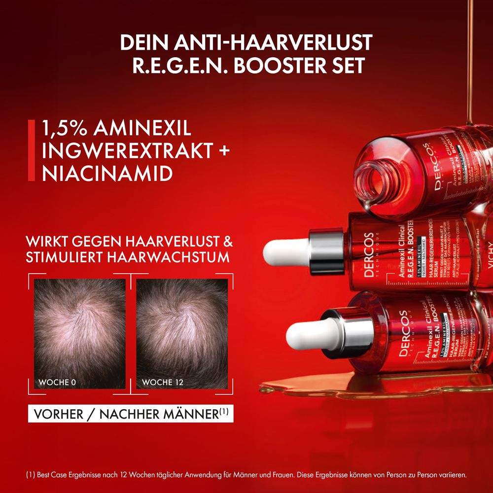Vier Vichy Dercos Aminexil Clinical R.E.G.E.N. Booster Seren, gestapelt. Vorher/Nachher-Bilder von Haaren.