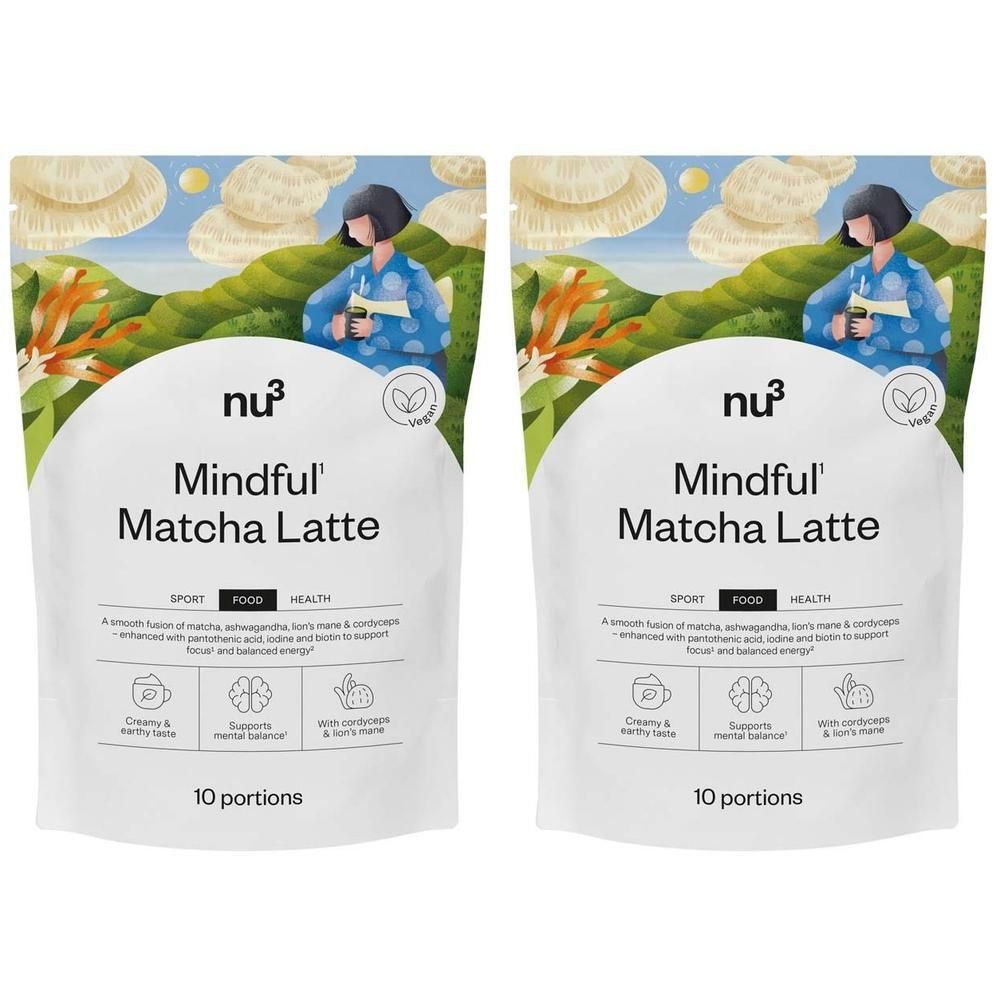 Zwei Beutel nu3 Mindful Matcha Latte. Weiße Verpackung mit Logo, Produktname und Illustration. 10 Portionen.