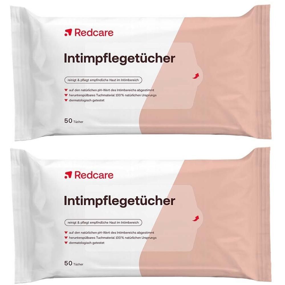 Zwei Packungen Intimpflegetücher. Weiß-rosa Verpackung mit rotem Logo und Produktbezeichnung. 50 Tücher pro Packung.