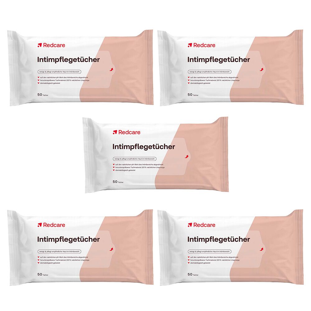 Mehrere Packungen Intimpflegetücher. Weiße Verpackung mit rosa Akzenten und roter Schrift. Produktname und Logo deutlich sichtbar.