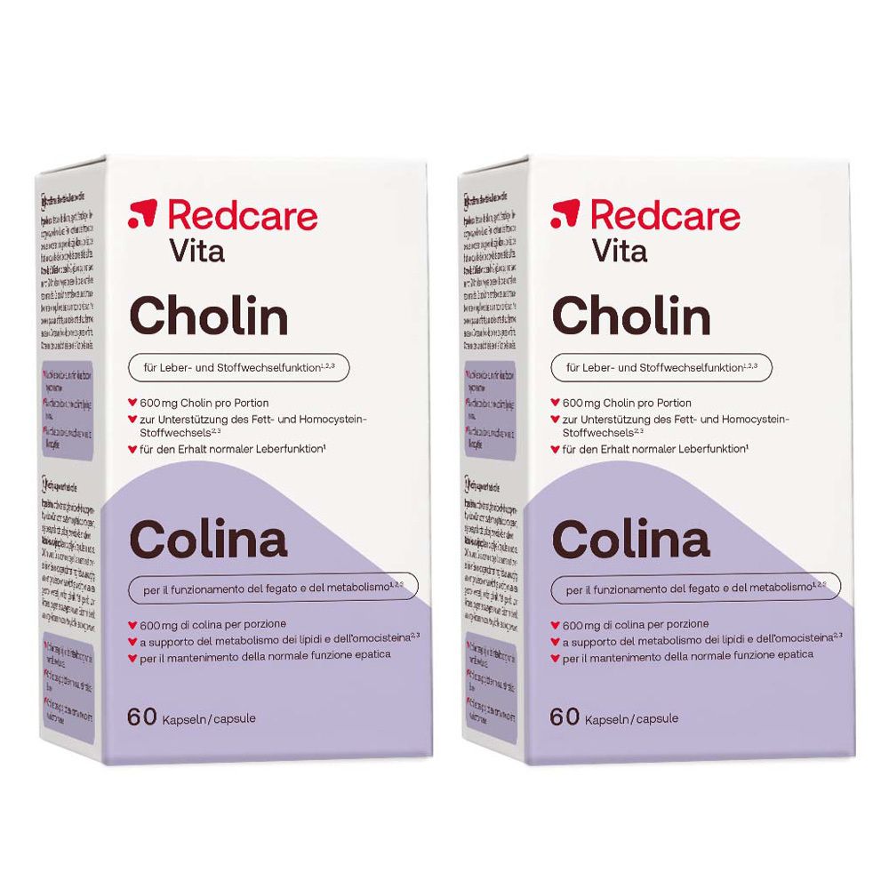 Zwei Packungen Redcare Vita Cholin. Weiße Schachteln mit roter und schwarzer Schrift. Enthält 60 Kapseln.