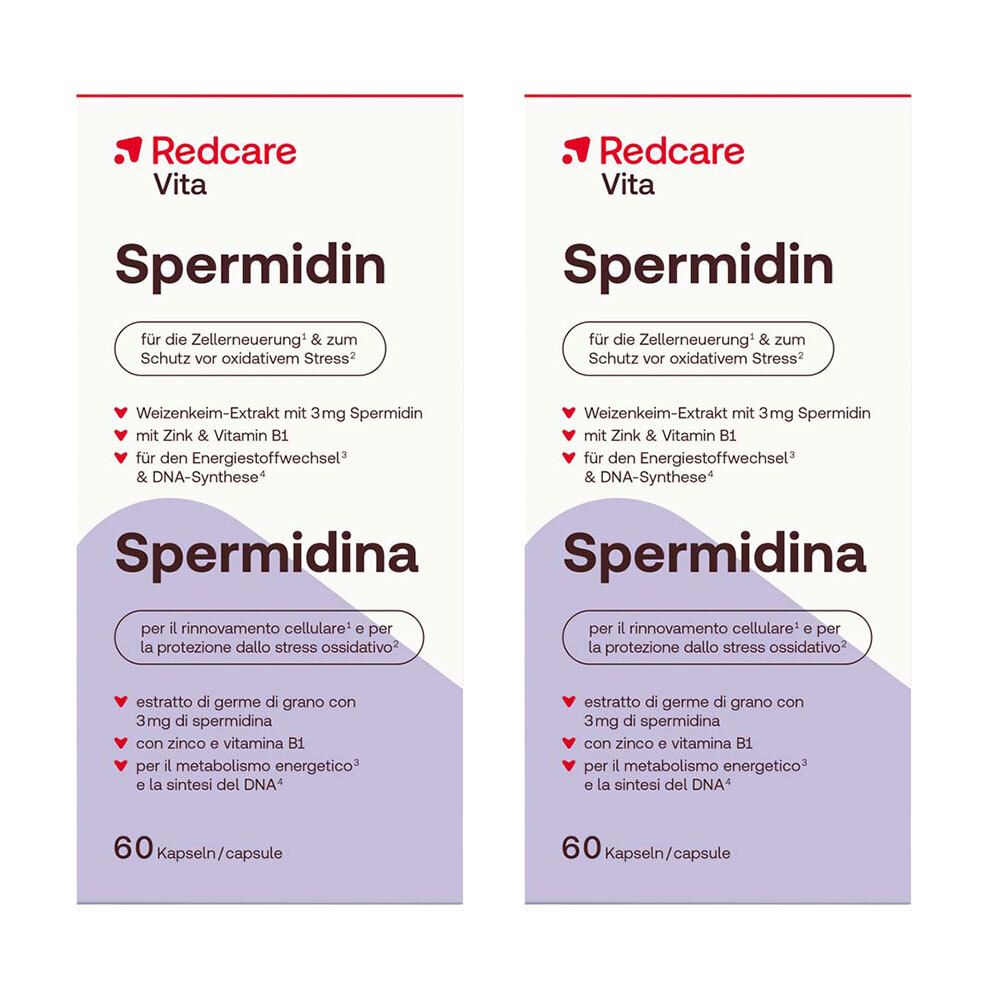 Zwei Packungen mit der Aufschrift "Redcare Vita Spermidin". Enthält Informationen zu Inhaltsstoffen und Menge: 60 Kapseln.
