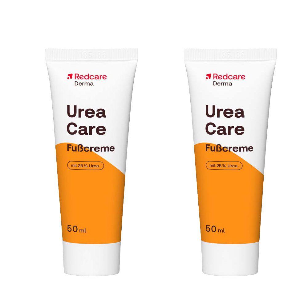 Zwei Tuben Fußcreme. Weiß, mit orangefarbenem Mittelteil. Aufschrift: Urea Care Fußcreme, mit 25% Urea, 50 ml. Rotes Redcare Derma Logo.
