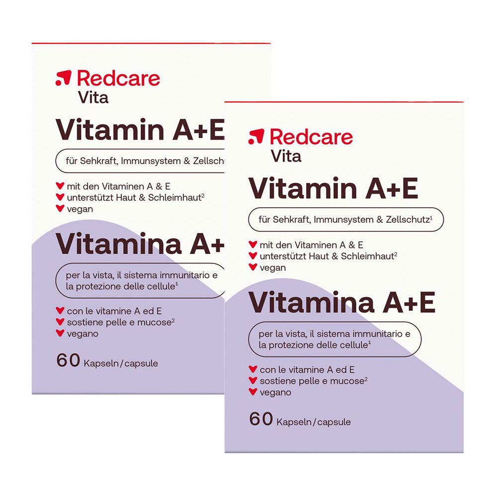 Zwei Packungen Redcare Vita Vitamin A+E. Aufschrift: Vitamin A+E, 60 Kapseln. Enthält Vitamine A & E, vegan.