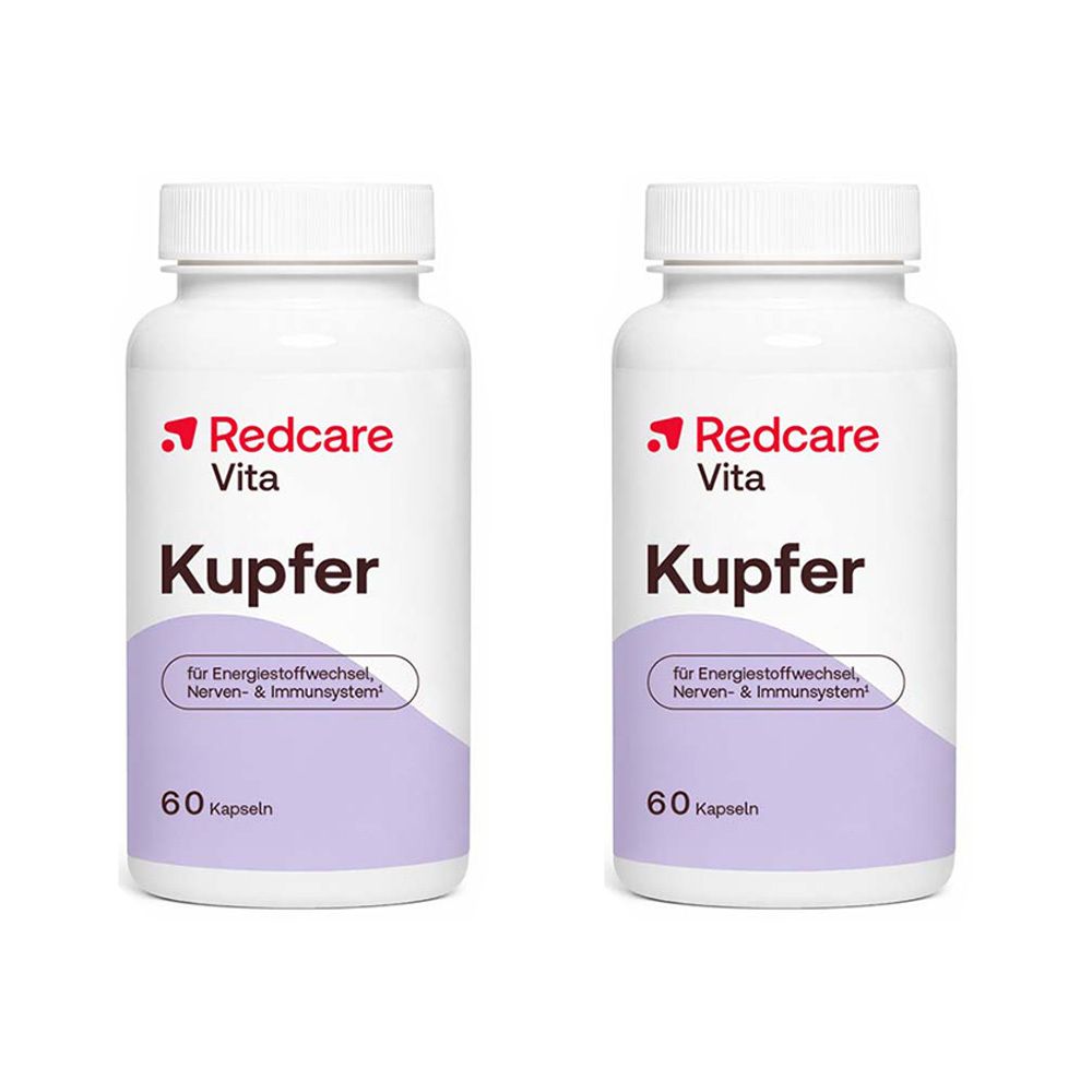 Zwei weiße Flaschen mit Schraubverschluss. Aufschrift: Redcare Vita Kupfer. Enthält 60 Kapseln. Für Energiestoffwechsel, Nerven- & Immunsystem.