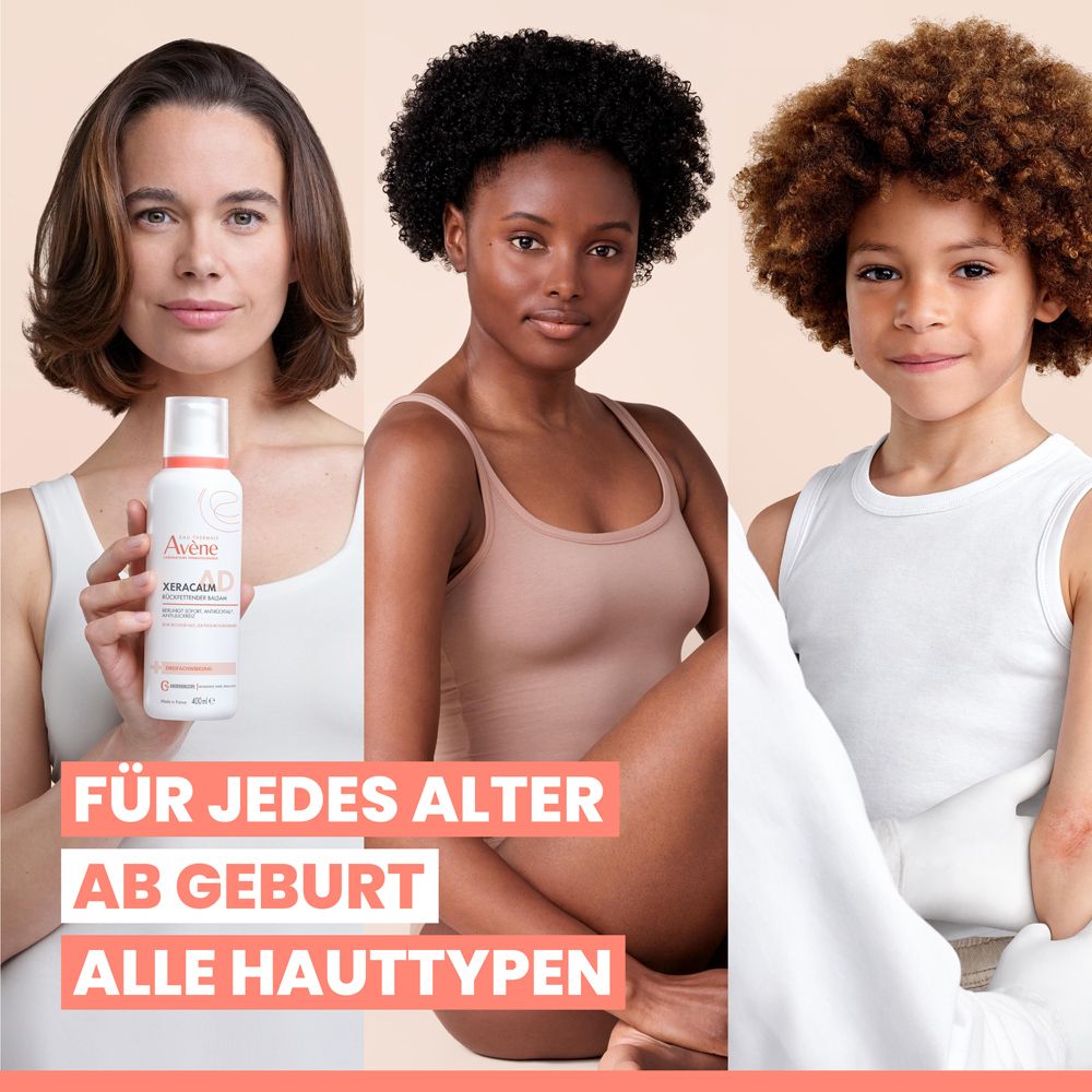 Drei Personen unterschiedlichen Alters und Hauttypen. Eine hält Avène XeraCalm Creme. Text: Für jedes Alter ab Geburt, alle Hauttypen.