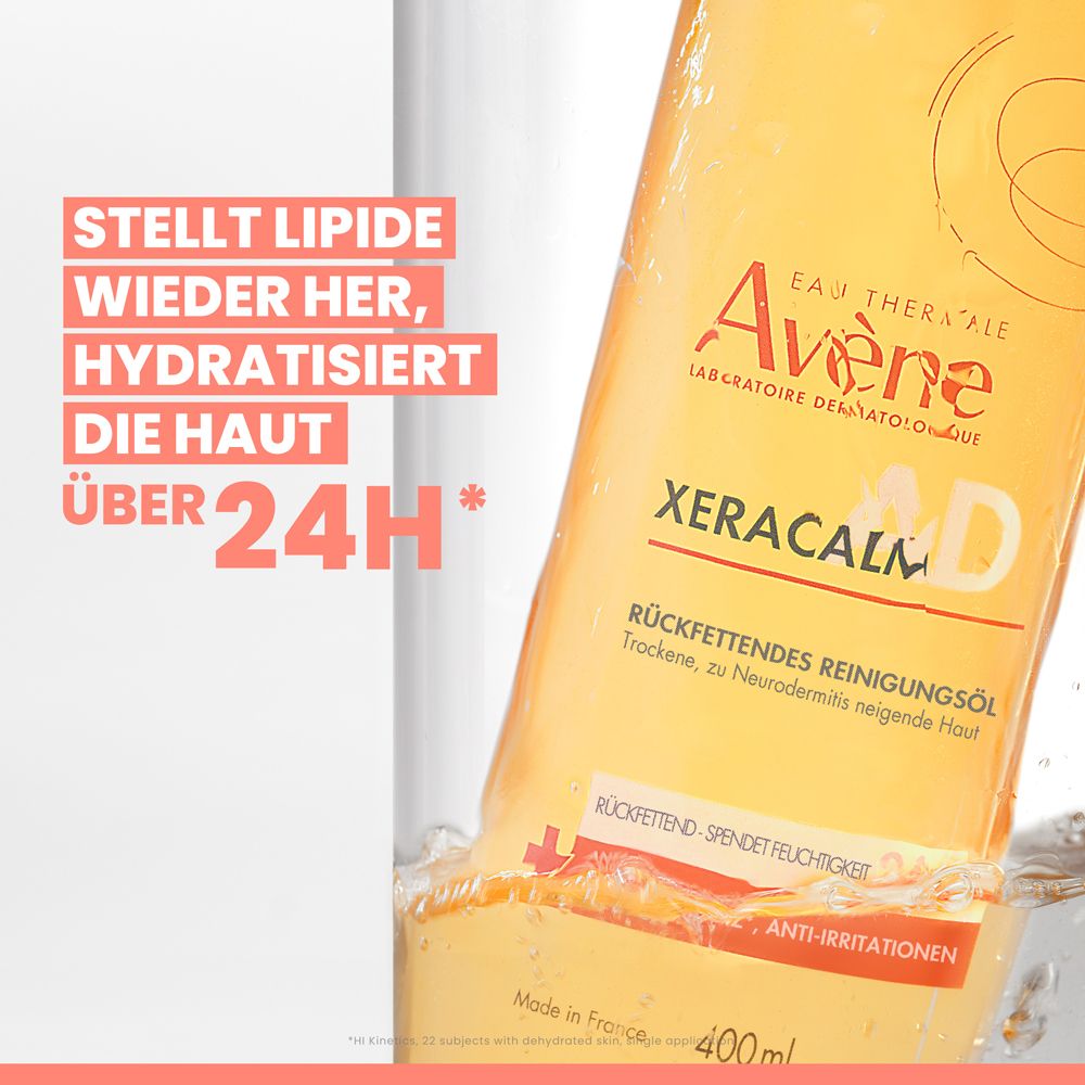 Avène XeraCalm Reinigungsöl. Gelbe Flasche. Text: Stellt Lipide wieder her, hydratisiert die Haut über 24h.