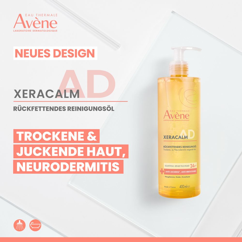 Avène XeraCalm Reinigungsöl, gelbe Flasche mit Pumpe. Text: Trockene & juckende Haut, Neurodermitis. Neues Design.