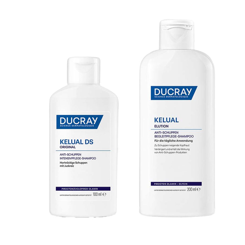 Zwei weiße Shampoo-Flaschen. Links: DUCRAY KELUAL DS ORIGINAL, 100ml. Rechts: DUCRAY KELUAL ELUTION, 200ml. Beide mit blauer Schrift.