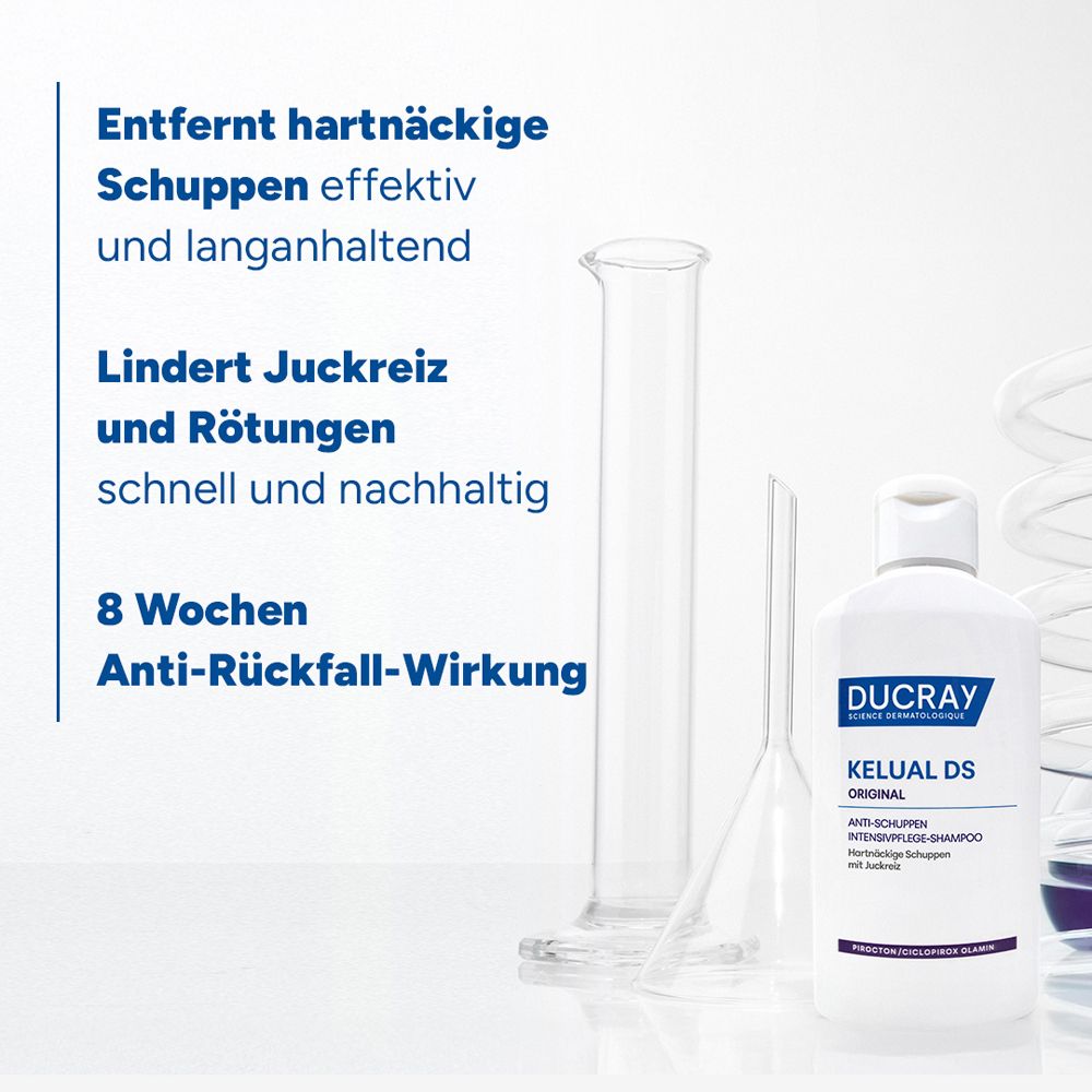 KELUAL DS ORIGINAL und Laborutensilien. Text: Entfernt hartnäckige Schuppen effektiv und langanhaltend. Lindert Juckreiz und Rötungen schnell und nachhaltig.