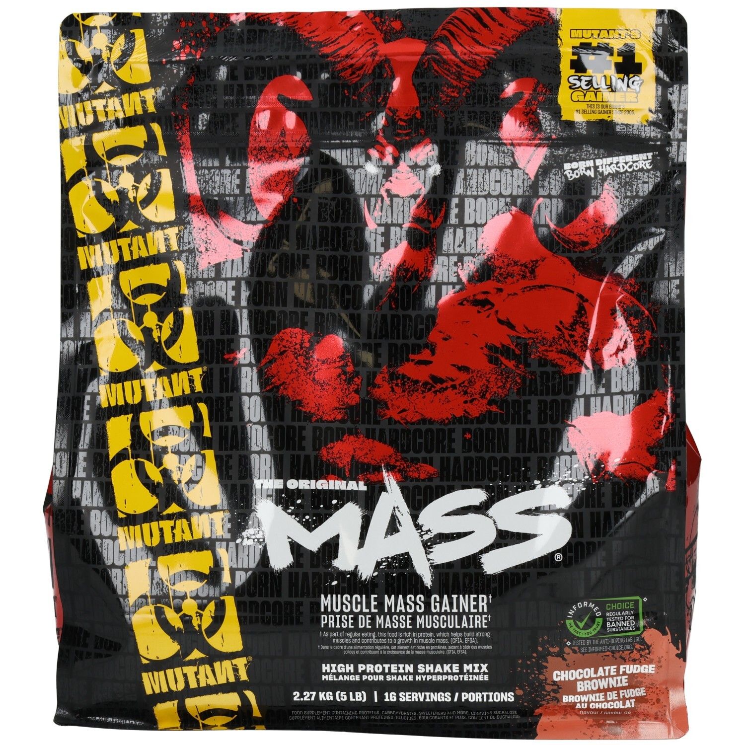 Mutant Mass Muskelaufbaupulver, Schoko-Brownie-Geschmack. 2,27 kg Beutel mit auffälligem Design und Biohazard-Symbolen.