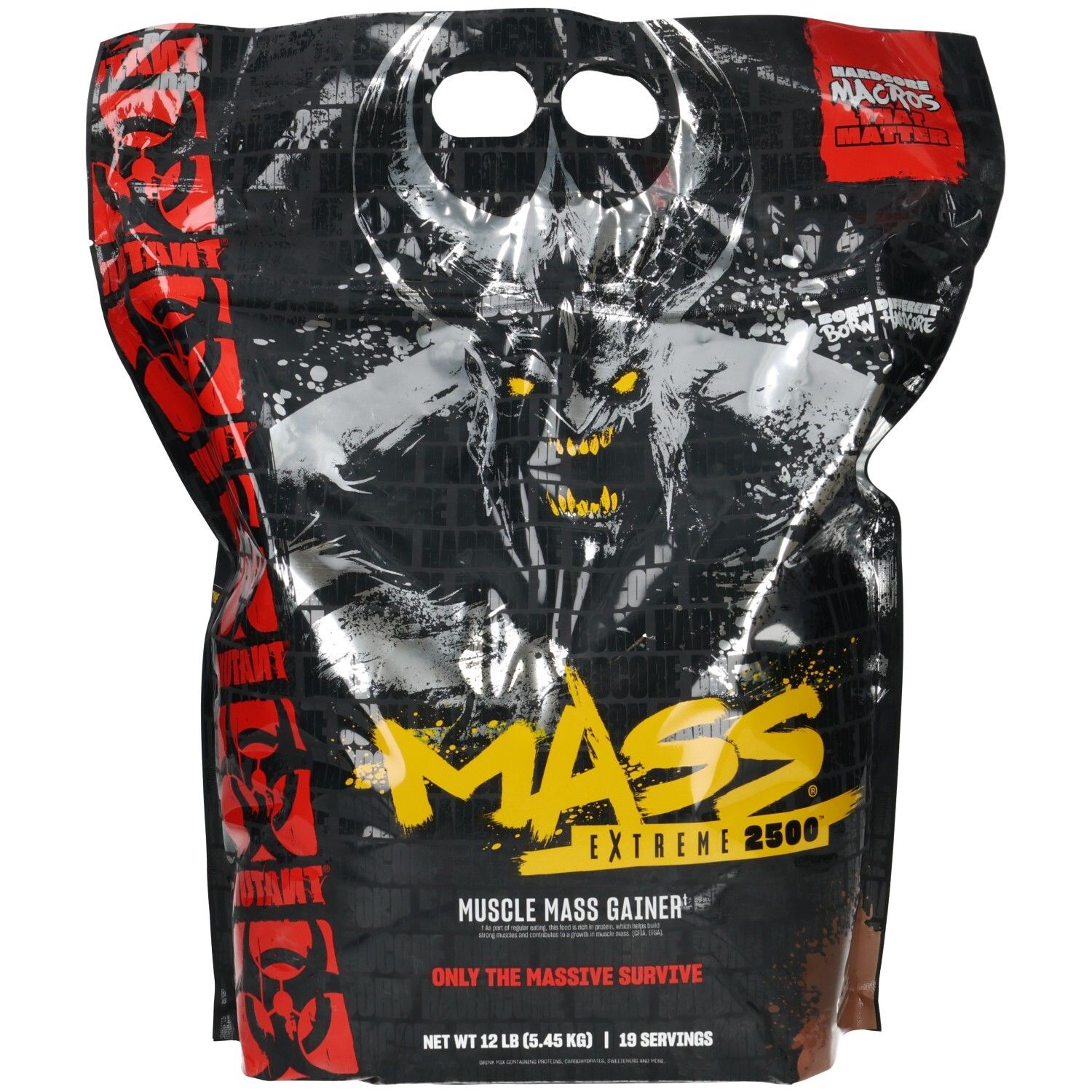 Schwarzer Beutel mit "MASS EXTREME 2500" Aufdruck, Muskelmasse-Gainer.