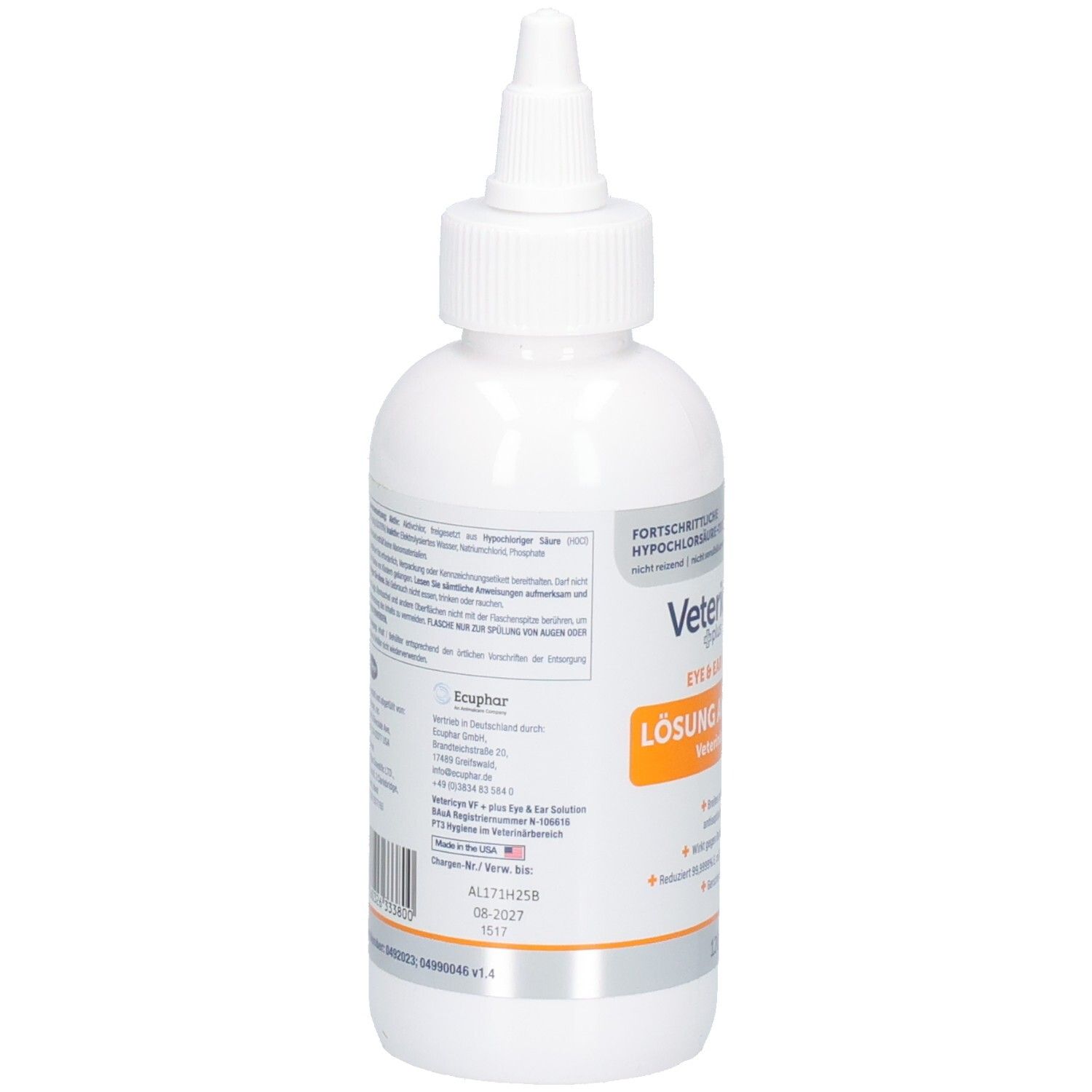 Weiße Flasche mit Spitze. Rückseite mit Text und Barcode. Aufschrift: Vetericyn VF. Etikett mit Informationen und Barcode.