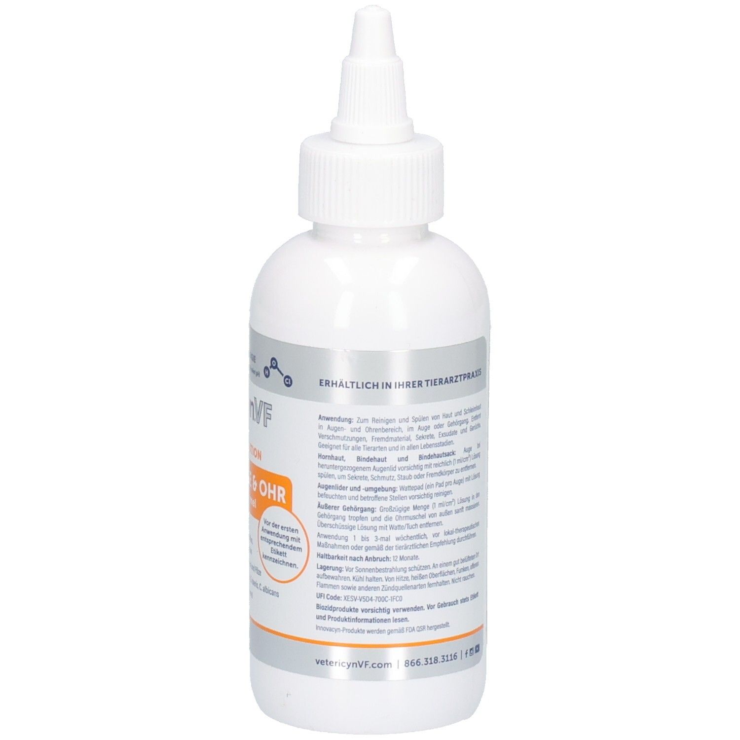 Weiße Flasche mit Spitze. Aufschrift: Vetericyn VF plus EYE & EAR SOLUTION LÖSUNG AUGE & OHR. Orangefarbener Streifen mit Text.