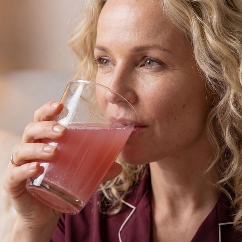 Frau trinkt nu3 Vital Life Blend Himbeergeschmack.