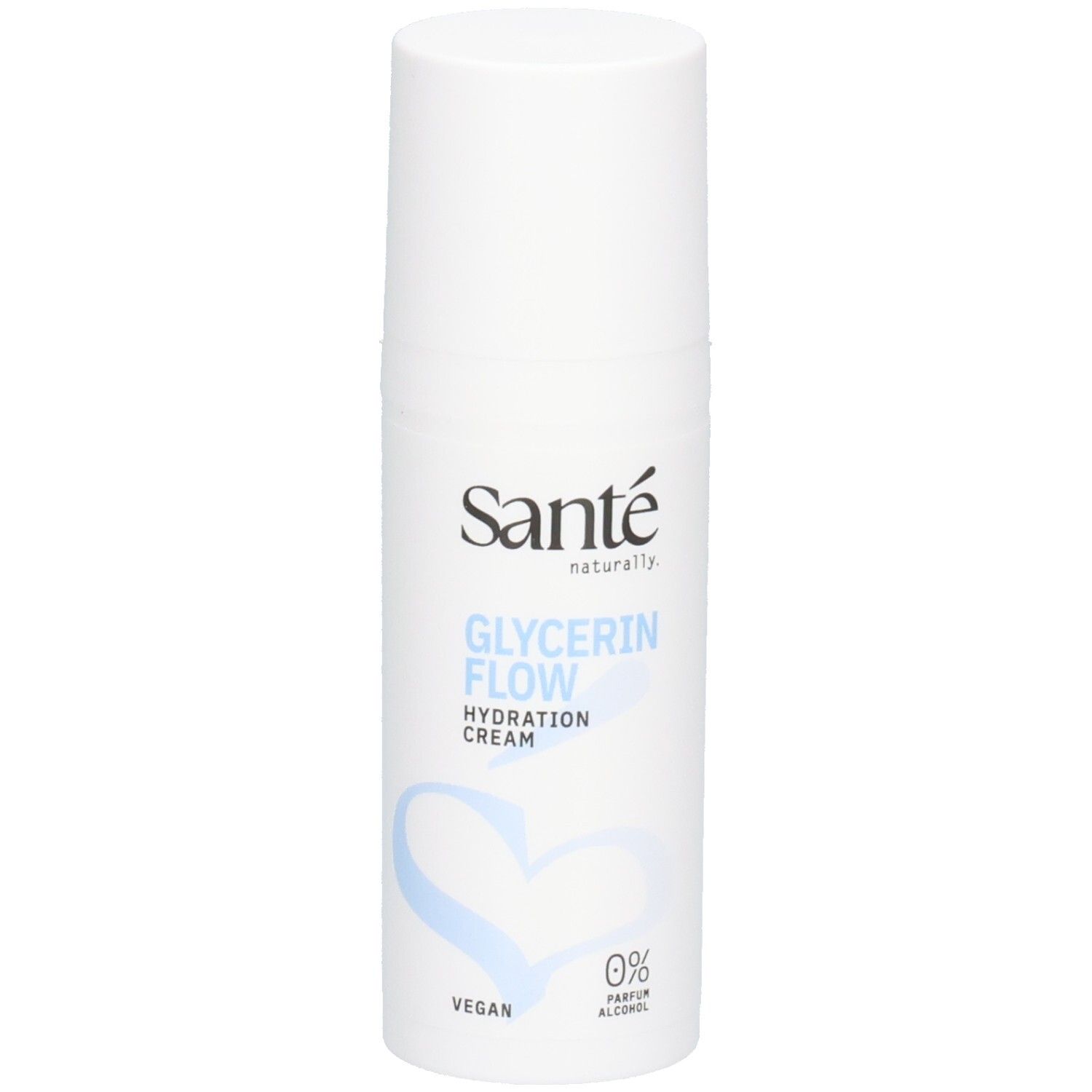 Weiße Spenderflasche mit Santé Glycerin Flow Hydration Cream. Enthält 0% Parfum und Alkohol.