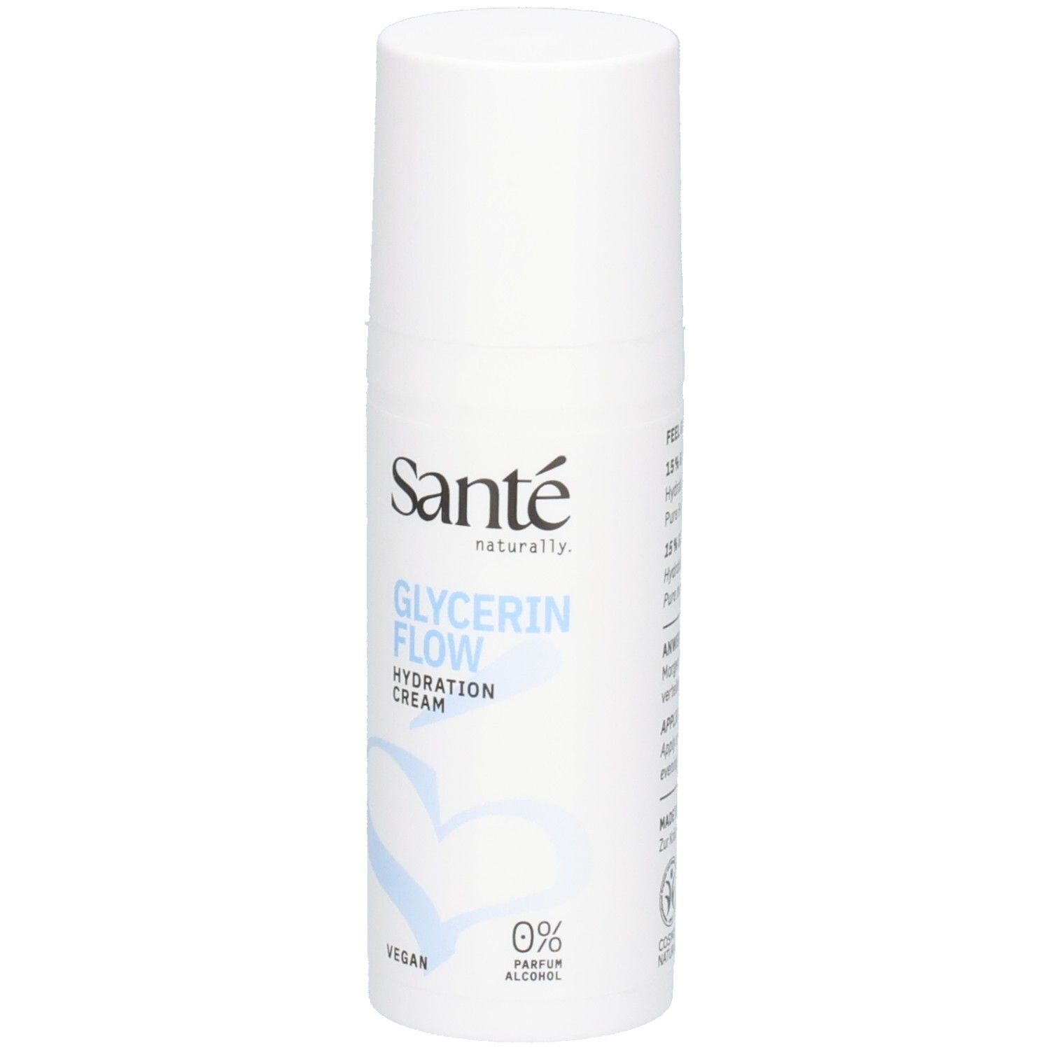 Weiße Spenderflasche Santé Glycerin Flow Hydration Cream mit Herzsymbol. Vegan, 0% Parfum und Alkohol.
