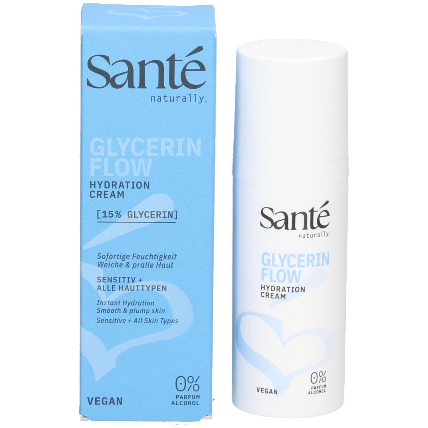 Santé Glycerin Flow Hydration Cream Flasche und Verpackungsbox. Box zeigt 15% Glycerin, vegan, 0% Parfum/Alkohol.