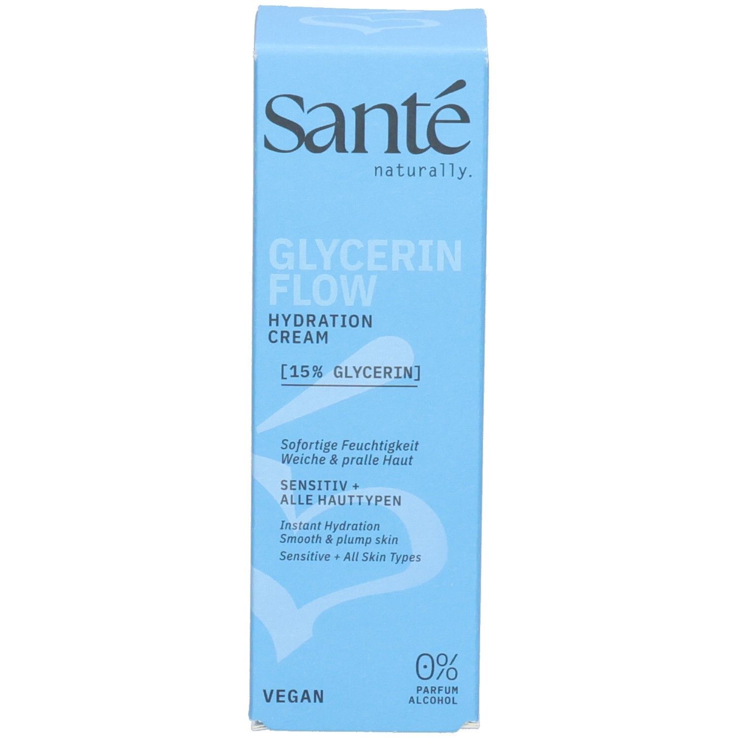 Verpackungsbox Santé Glycerin Flow Hydration Cream. Zeigt 15% Glycerin, Sofortige Feuchtigkeit, Sensitiv, Vegan.