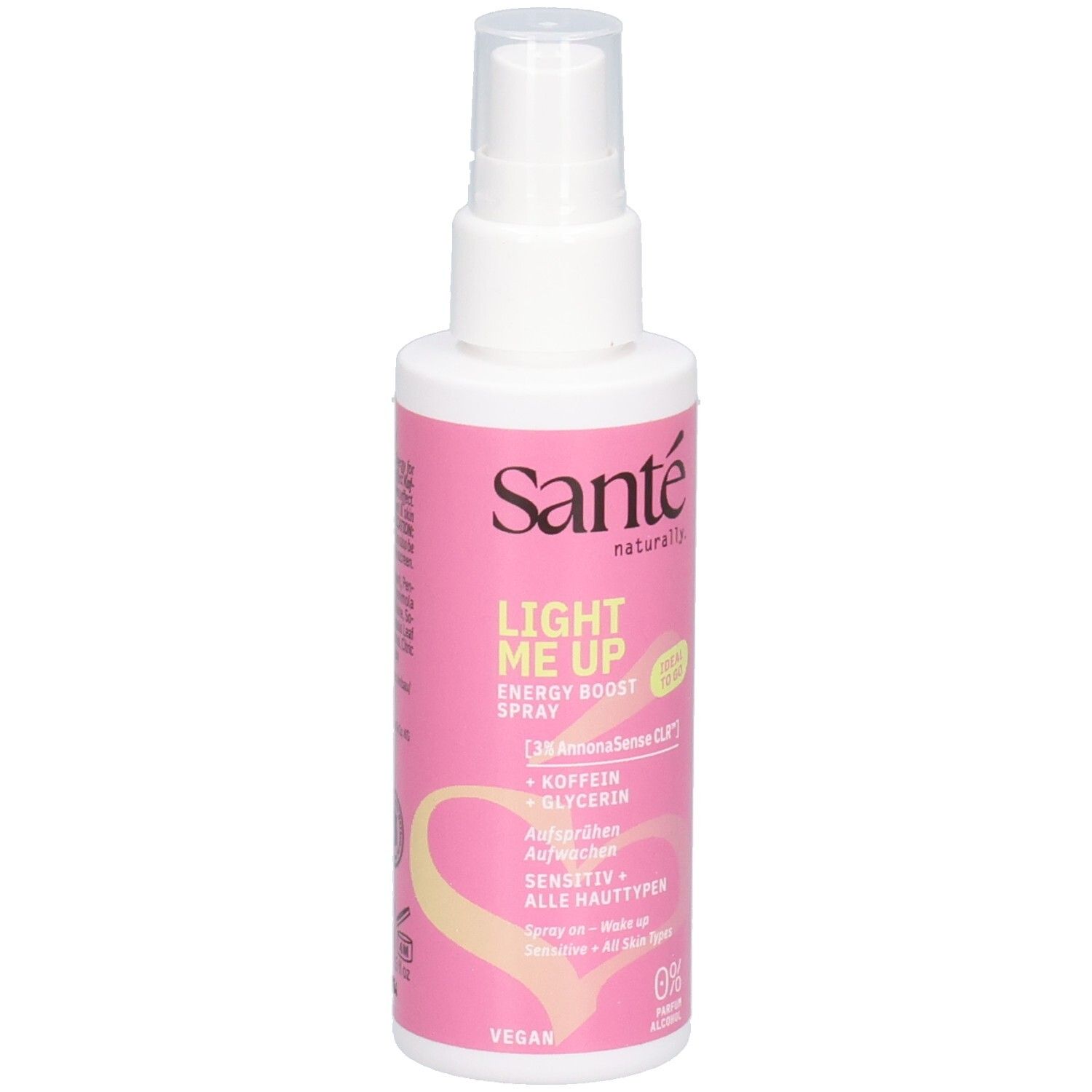 Weiße Sprühflasche mit rosa Etikett. Text: Sante, Light Me Up Energy Boost Spray, Vegan. Für alle Hauttypen.