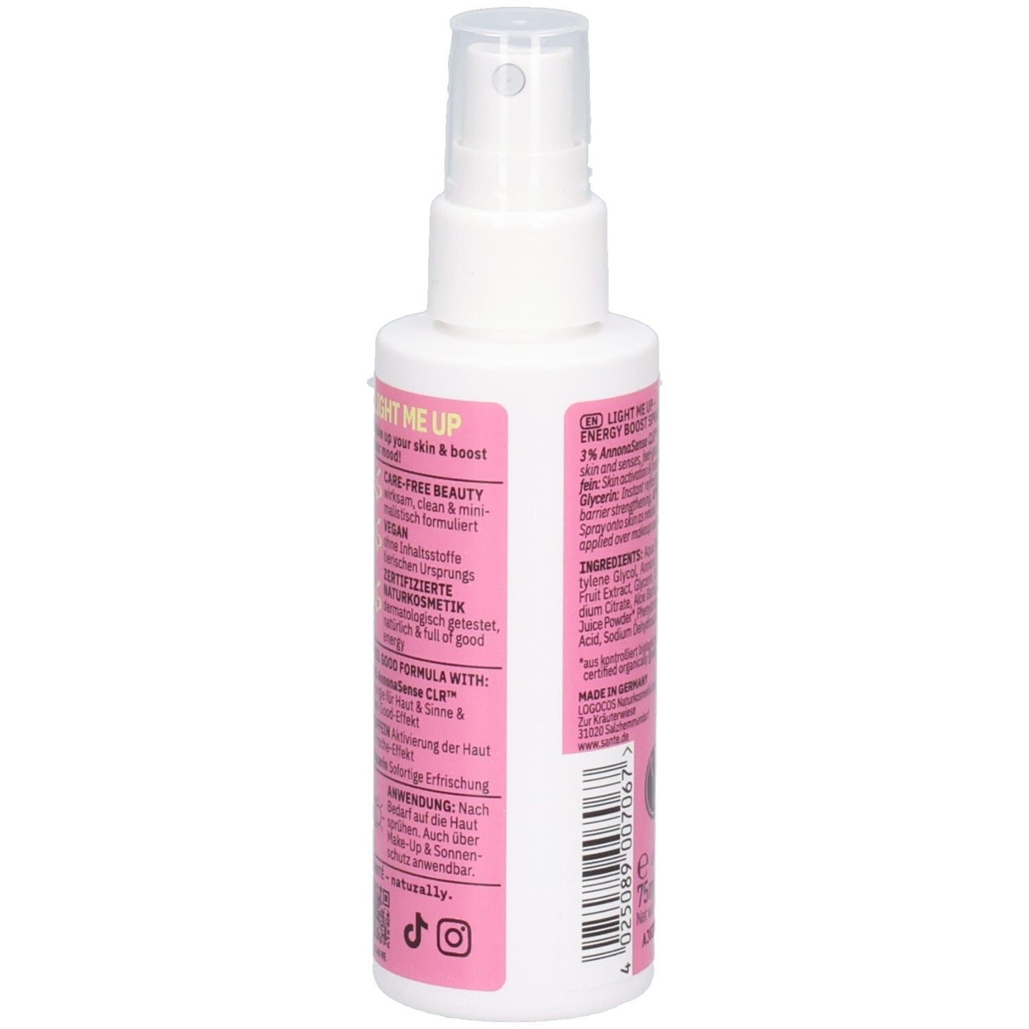 Weiße Sprühflasche, Rückseite mit Text. Text: Light Me Up, Care-Free Beauty, Vegan, Zertifizierte Naturkosmetik.