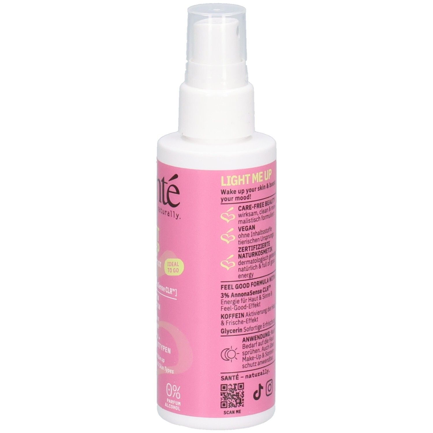 Weiße Sprühflasche, Rückseite mit Text. Text: Light Me Up, Care-Free Beauty, Vegan, Zertifizierte Naturkosmetik.