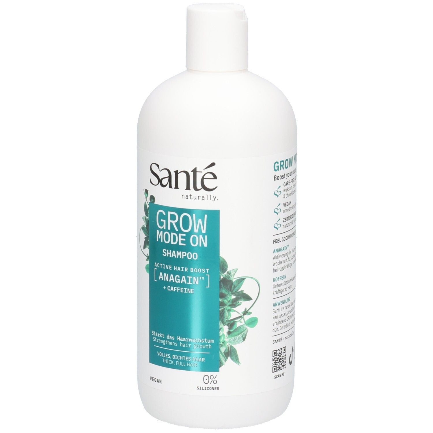Weiße Shampoo-Flasche mit grünem Etikett. Aufschrift: Sante, Grow Mode On Shampoo, Anagain + Koffein. Vegan.