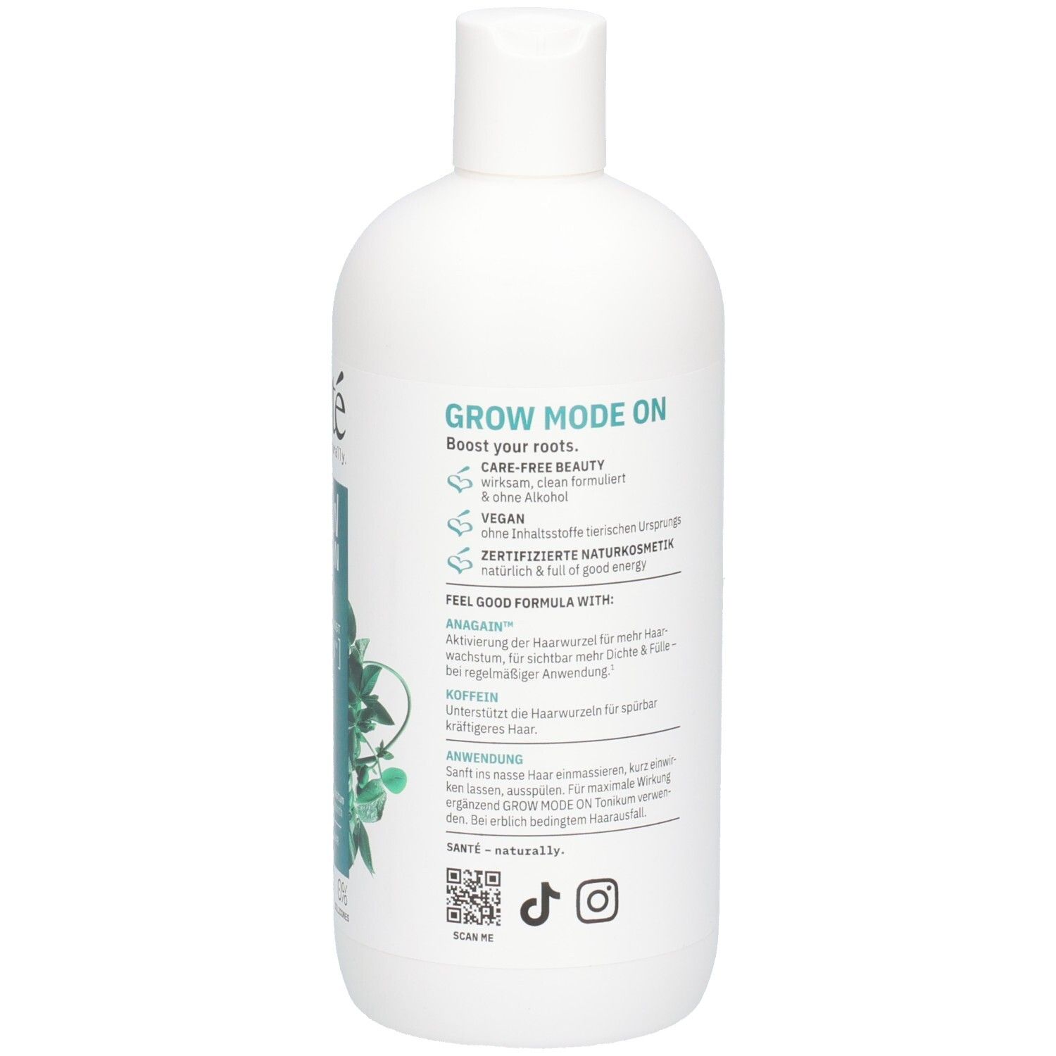 Rückseite der weißen Shampoo-Flasche. Text in mehreren Sprachen. Inhaltsstoffe, Herstellerinformationen, Recycling-Symbole.