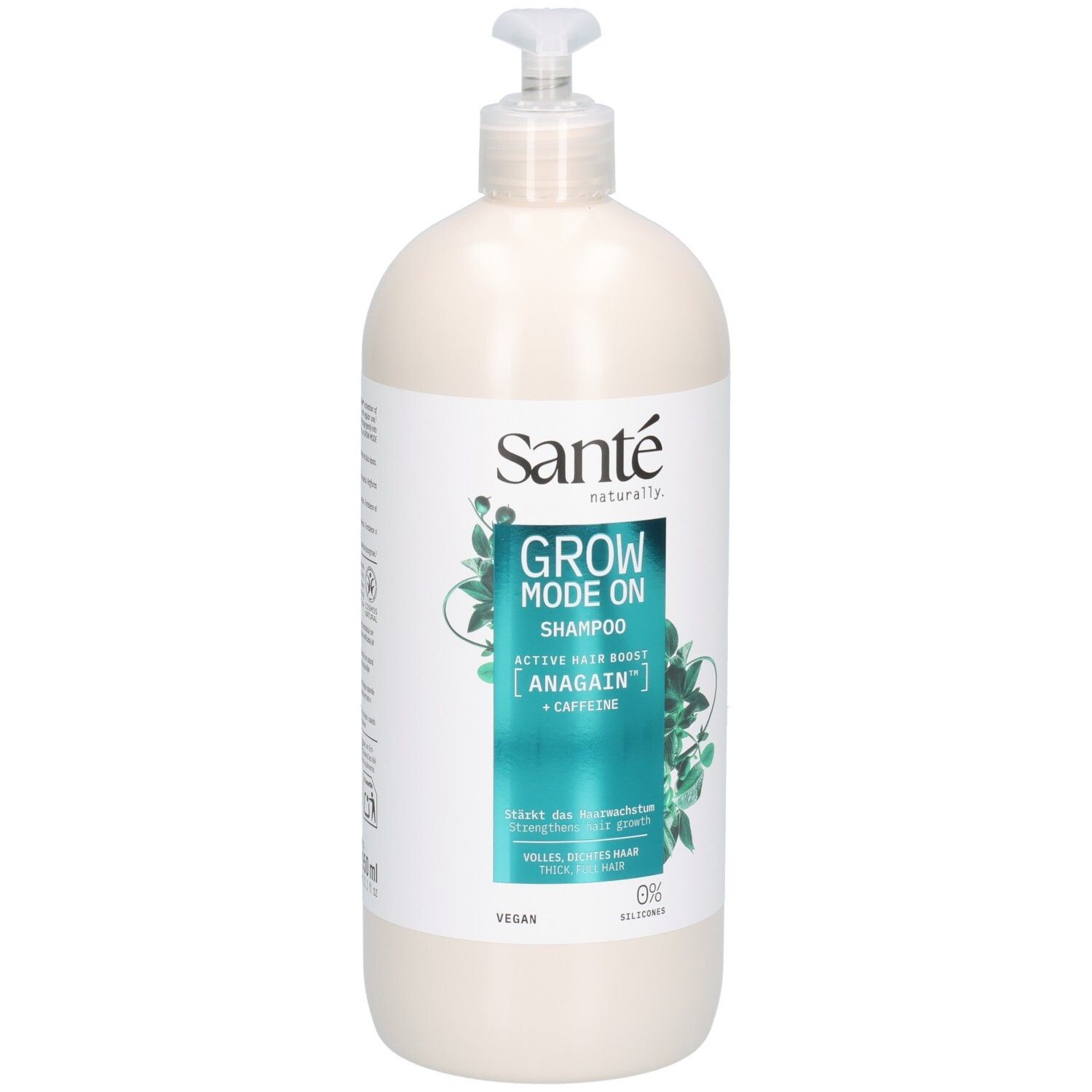 Beige Shampoo-Flasche mit Pumpe. Aufschrift: Sante, Grow Mode On Shampoo, Anagain + Koffein. Vegan.