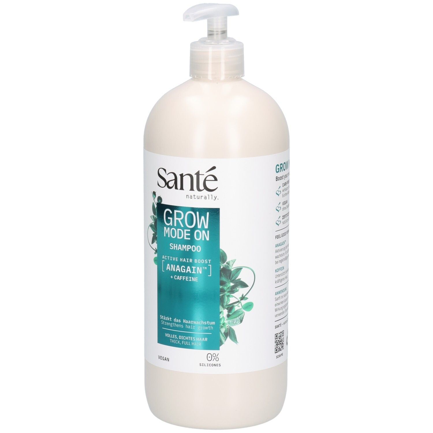 Beige Shampoo-Flasche mit Pumpe. Aufschrift: Sante, Grow Mode On Shampoo, Anagain + Koffein. Vegan.