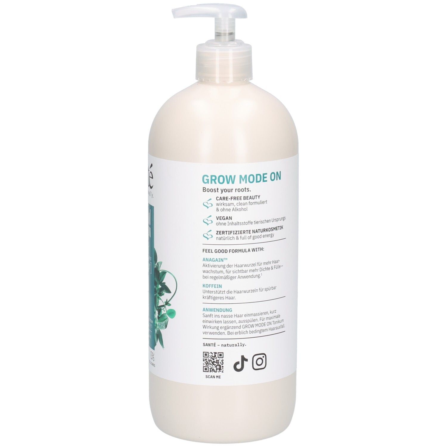 Rückseite der Shampoo-Flasche. Text in mehreren Sprachen. Vegan-Siegel und Social-Media-Icons.