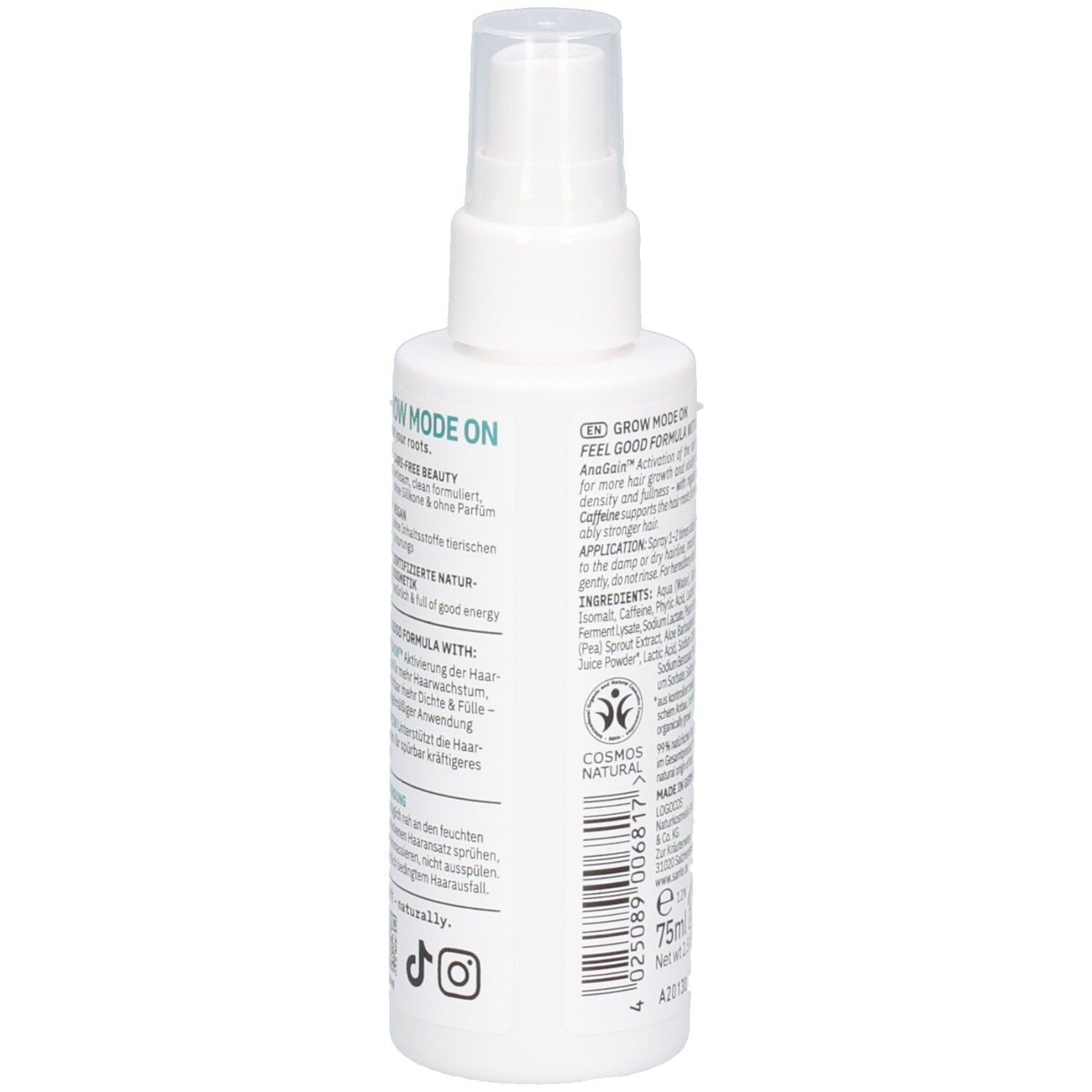 Rückseite der Santé Grow Mode On Tonikum Flasche mit COSMOS NATURAL Siegel und Barcode. 75ml.