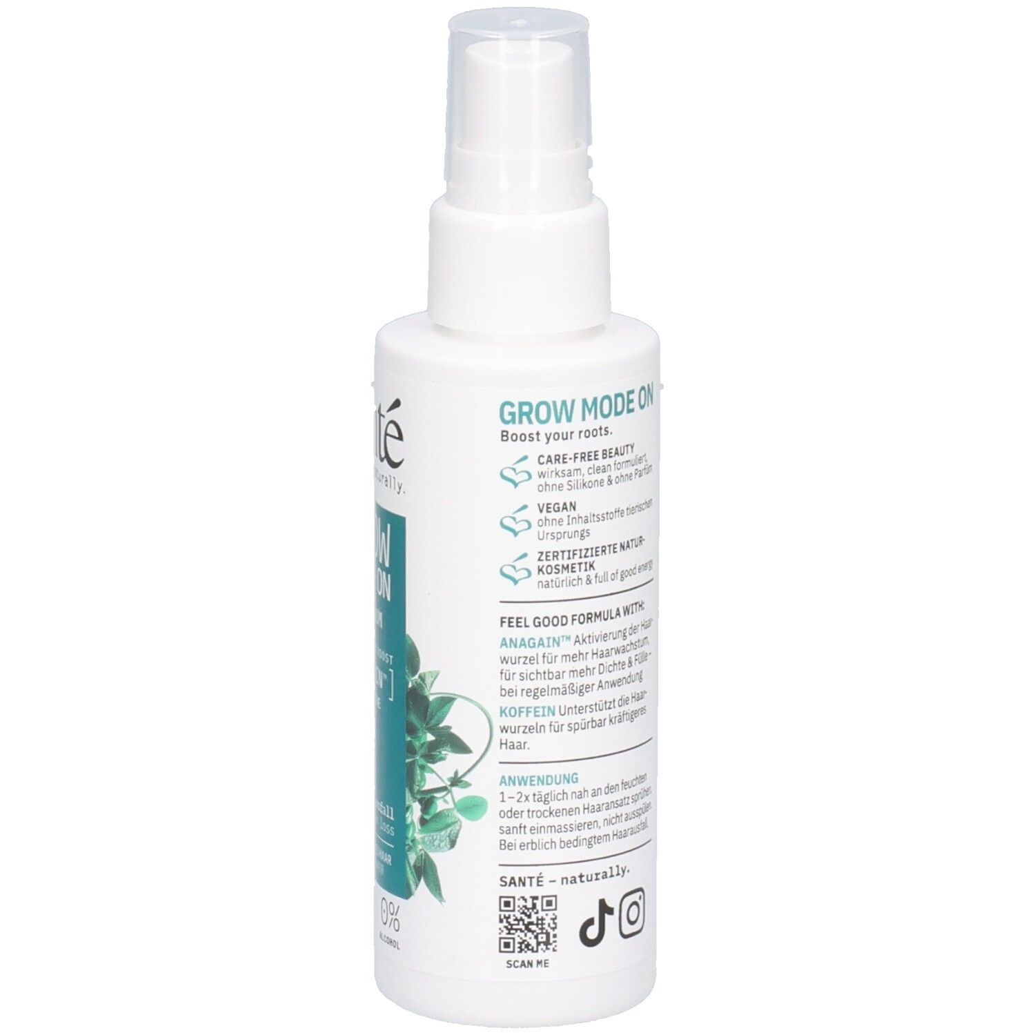 Rückseite der Santé Grow Mode On Tonikum Flasche mit Siegeln für vegan und zertifizierte Naturkosmetik.