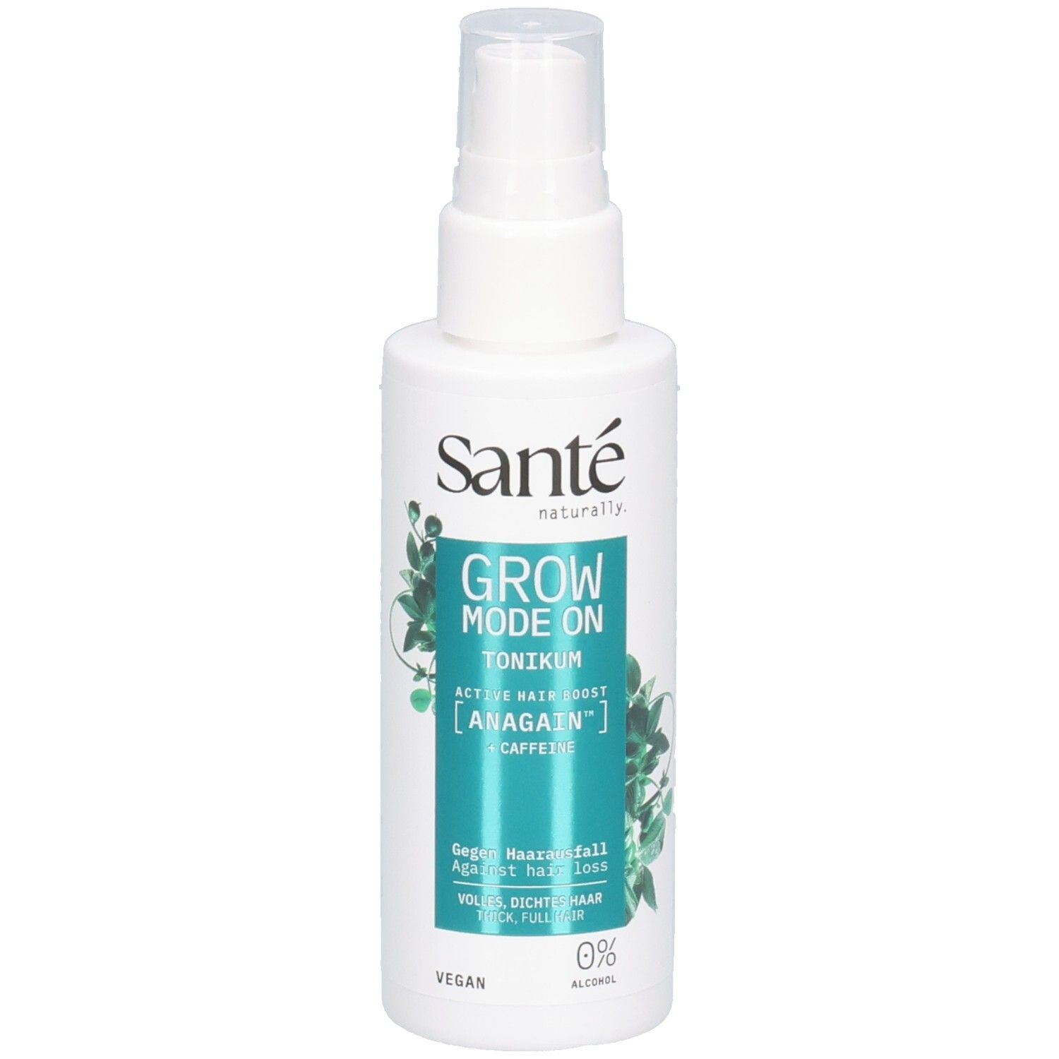 Weiße Sprühflasche Santé Grow Mode On Tonikum mit grünen Blättern. Für volleres, dichteres Haar.