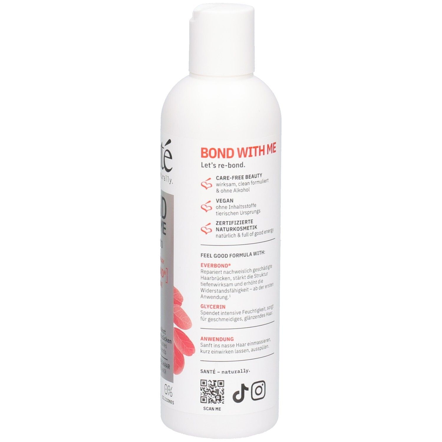 Weiße Shampoo-Flasche, Rückseite. Text: Bond With Me, Inhaltsstoffe, Anwendung. Marke: Santé. Mit Vegan-Siegel und QR-Code.