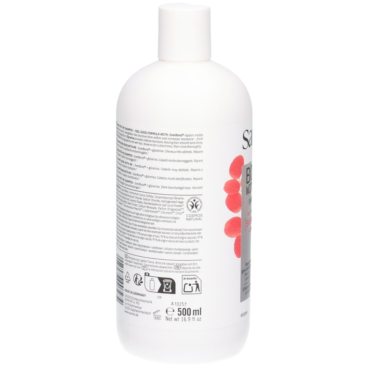 Rückseite der weißen Shampoo-Flasche. Text in mehreren Sprachen. Inhaltsstoffe, Herstellerinformationen, Recycling-Symbole.