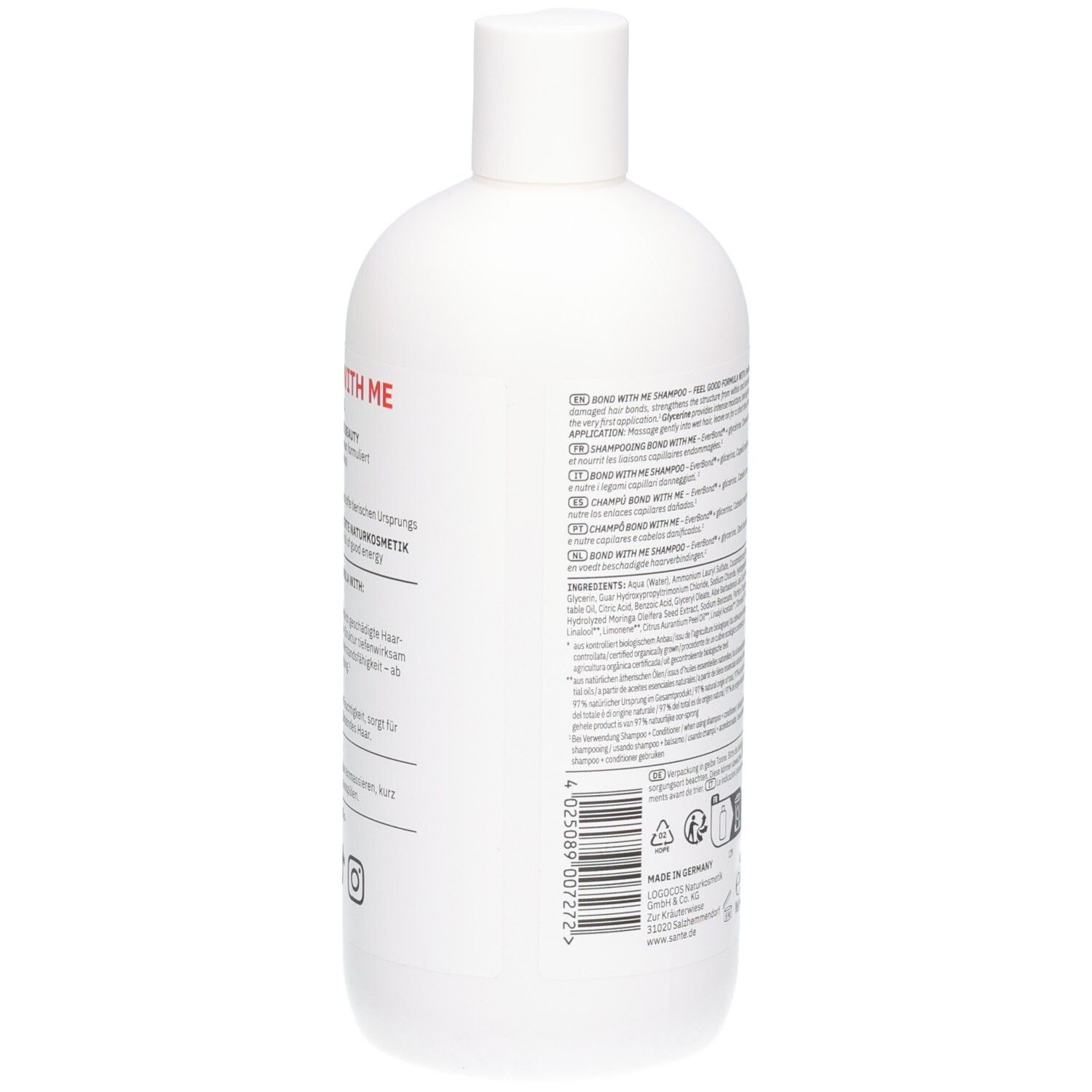 Rückseite der weißen Shampoo-Flasche. Text in mehreren Sprachen. Produktinformationen, Herstelleradresse, QR-Code.