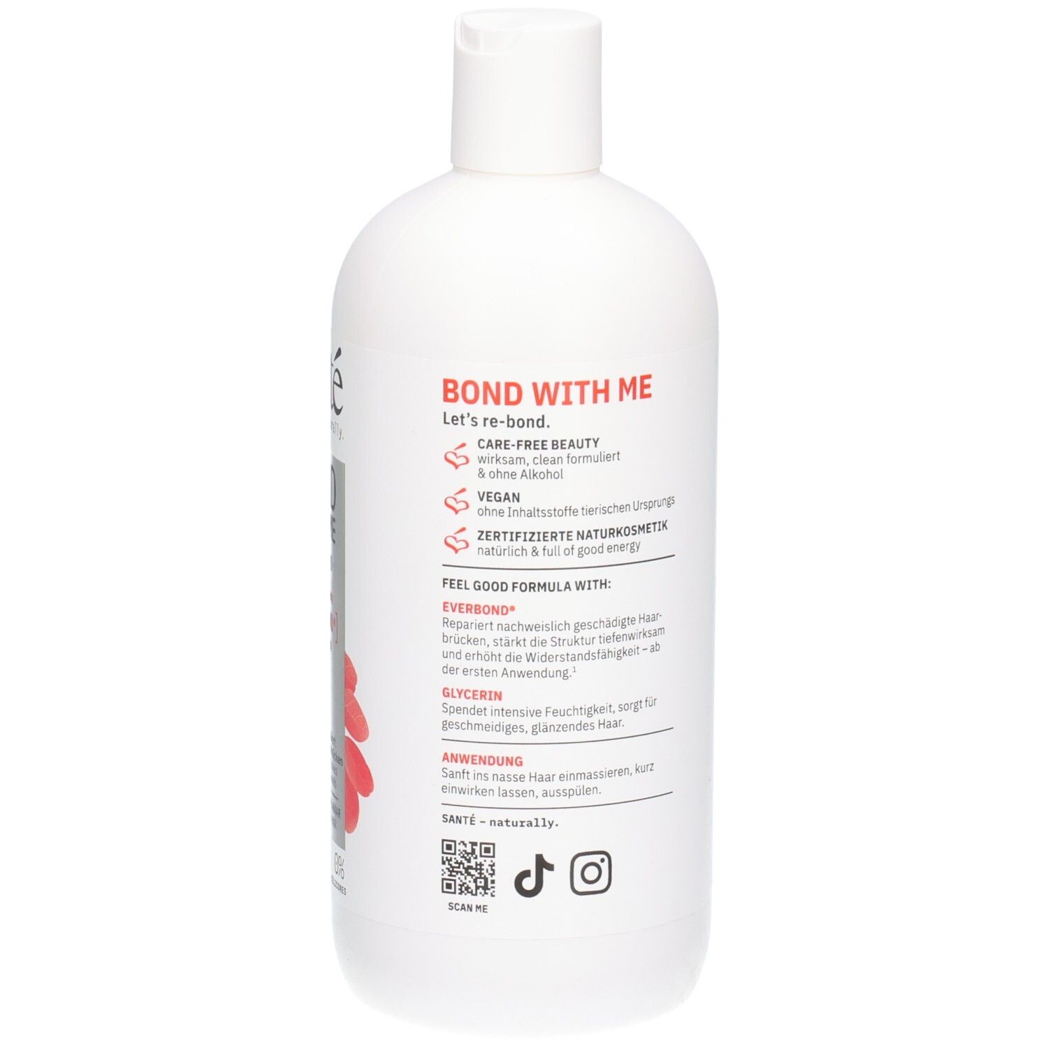 Rückseite der weißen Shampoo-Flasche. Text in mehreren Sprachen. Produktinformationen, QR-Code, Social-Media-Icons.