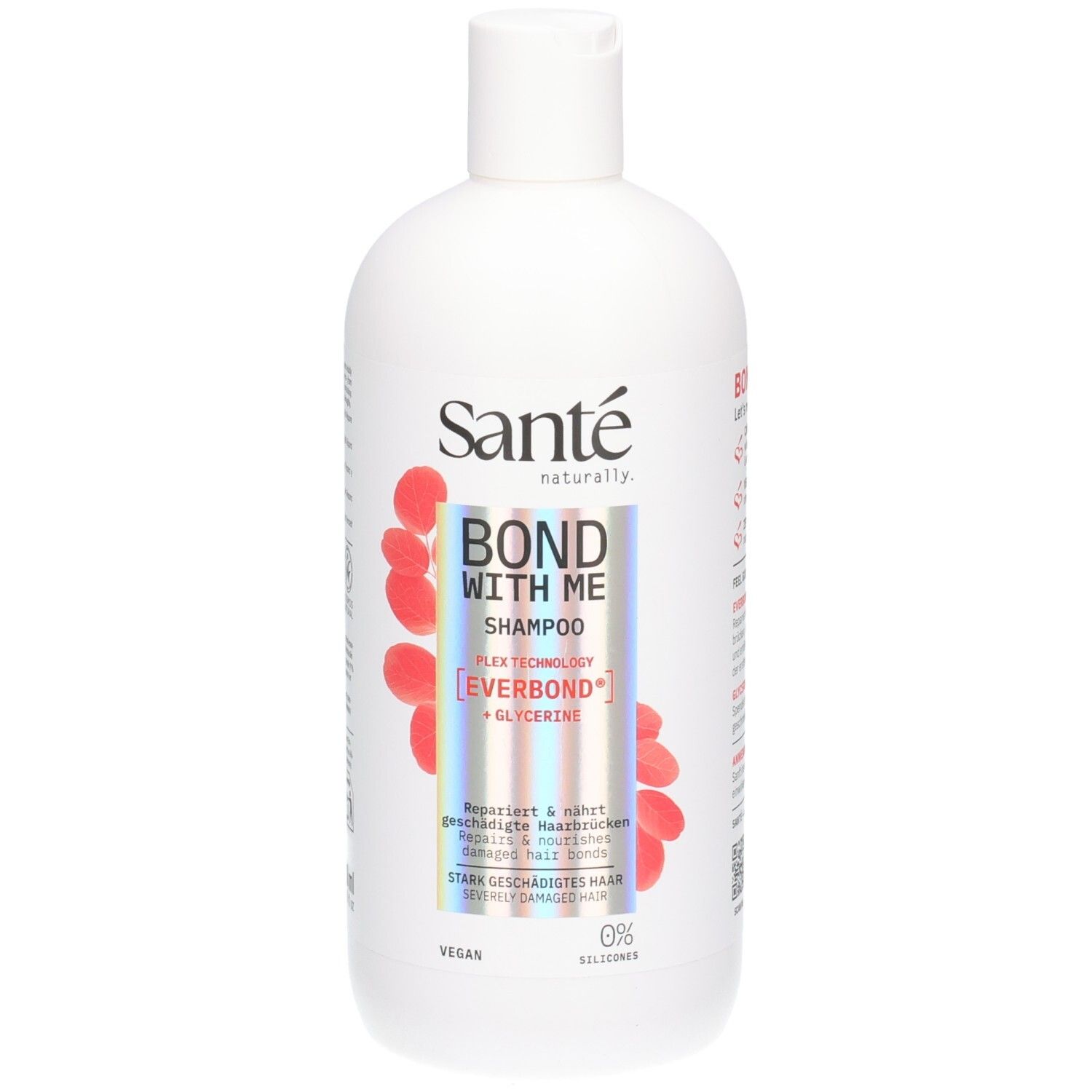Weiße Shampoo-Flasche mit rotem Design. Aufschrift: BOND WITH ME SHAMPOO, Sante. Vegan, 0% Silikone.