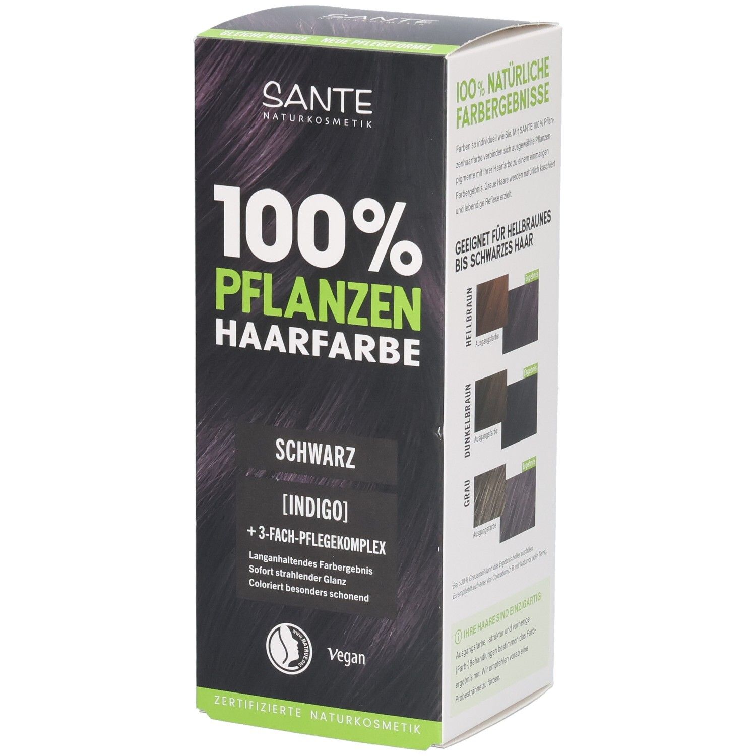 Packung SANTE Pflanzenhaarfarbe Schwarz (Indigo) mit 3-fach Pflegekomplex. Vegan.
