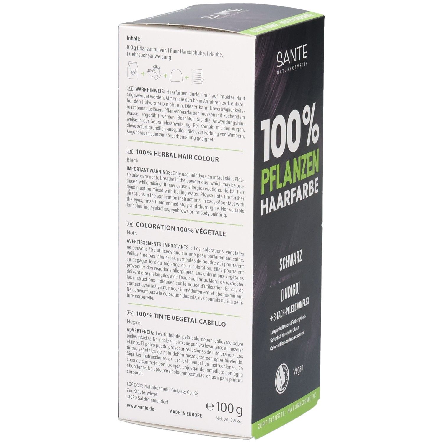Rückseite der SANTE Pflanzenhaarfarbe Schwarz (Indigo) Packung mit Anwendungshinweisen und Inhaltsangaben.