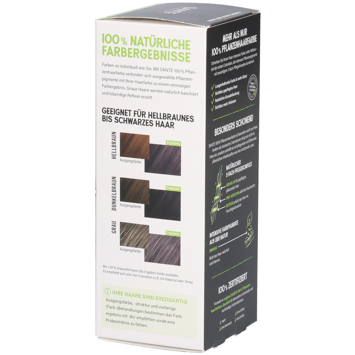 Seite der SANTE Pflanzenhaarfarbe Packung mit Farbergebnissen für hellbraunes bis schwarzes Haar.